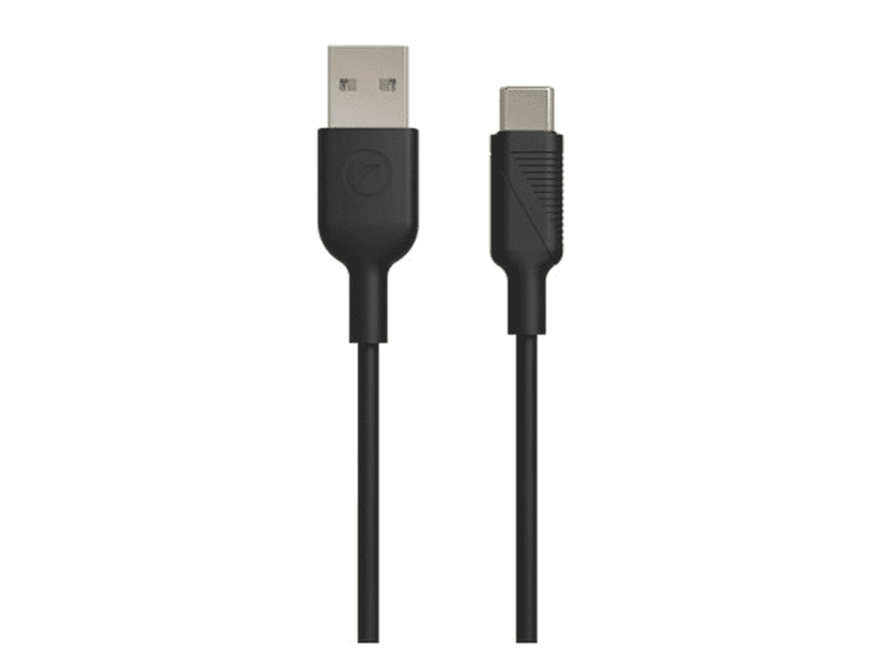 Un cavo USB-C nero con un connettore USB-A e un connettore USB-C.