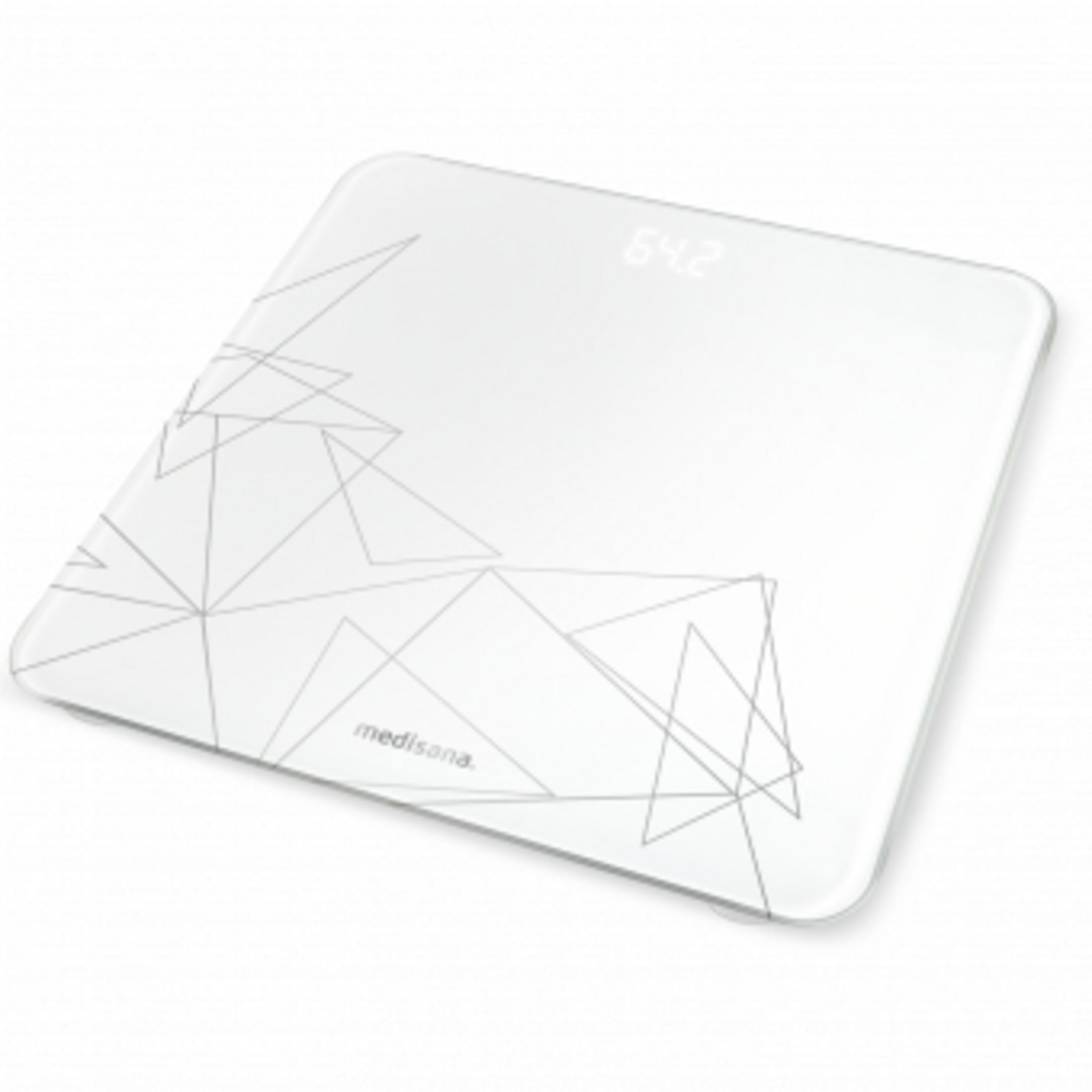 Bilancia digitale bianca con motivo geometrico e display '64.2'.