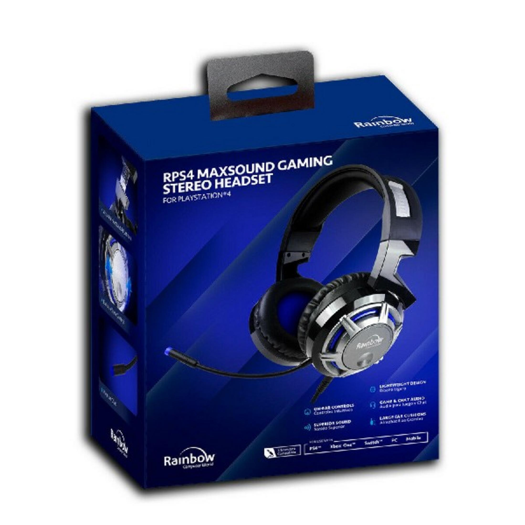 Confezione di un auricolare stereo Rainbow RPS4 Maxsound Gaming per PS4.