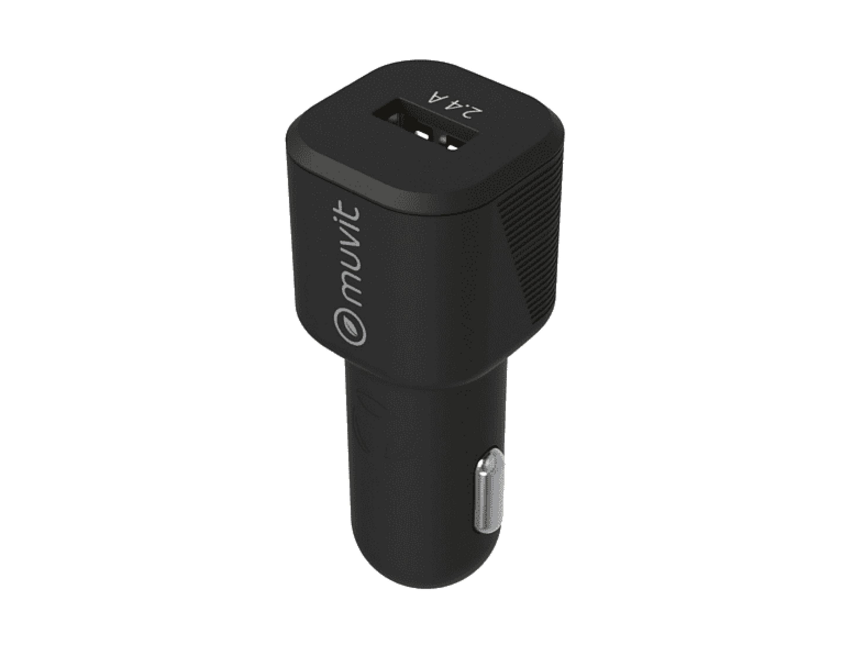 Cargador USB de coche negro con salida de 2,4 A y logo Muvit.