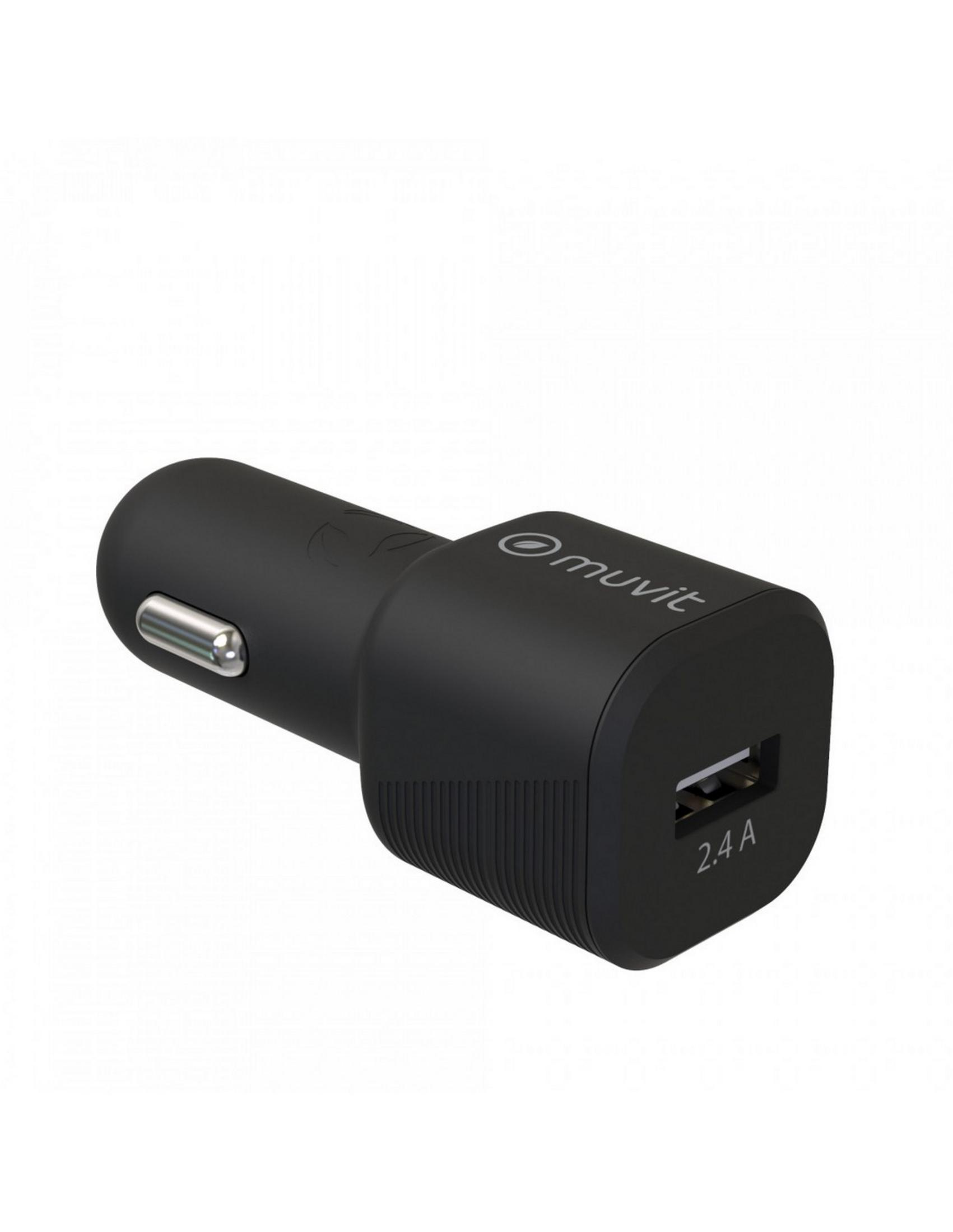 Adaptador USB de coche negro con logo Muvit y marca de 2,4 A.