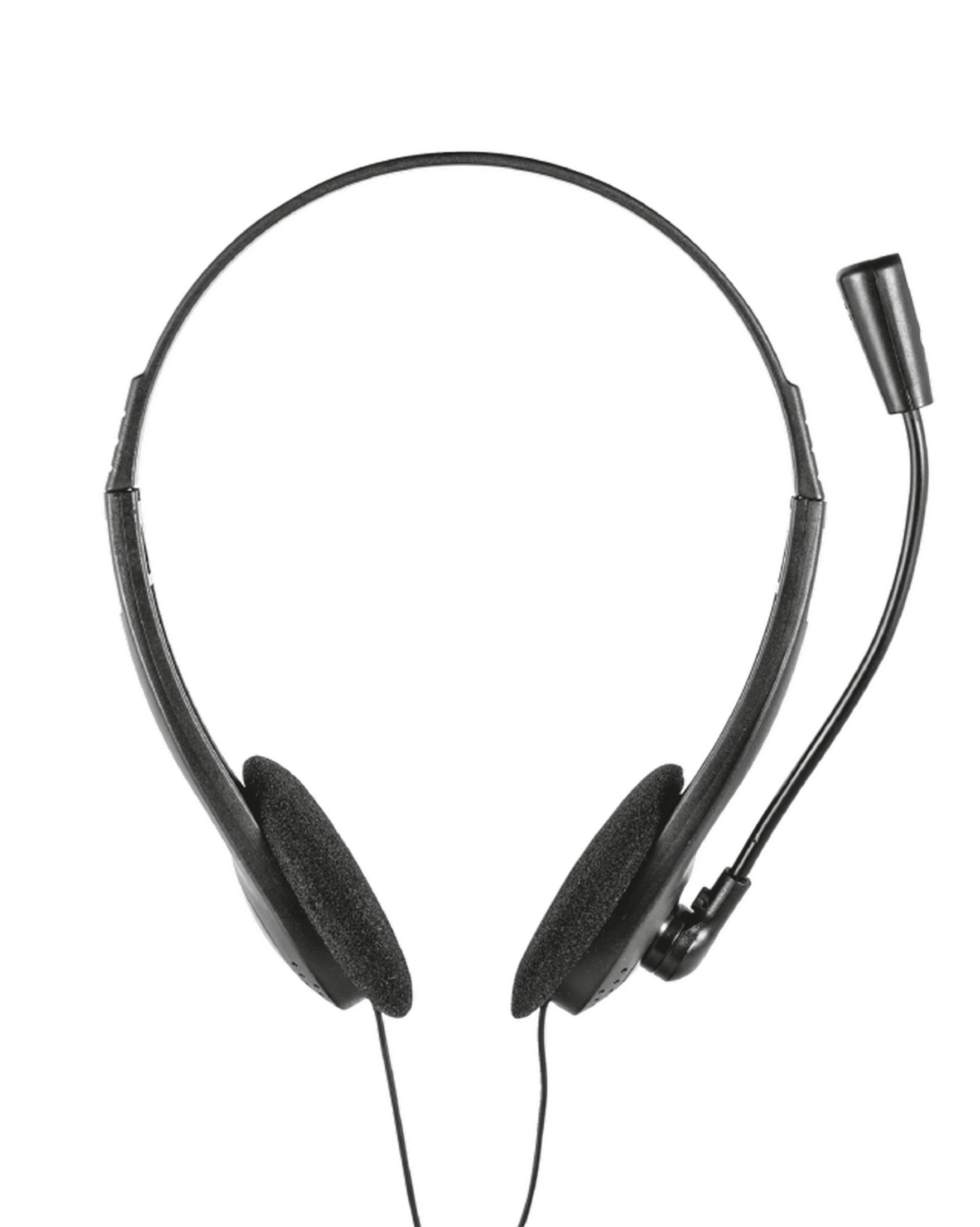 Schwarzes Headset mit Mikrofon, auf weißem Hintergrund.