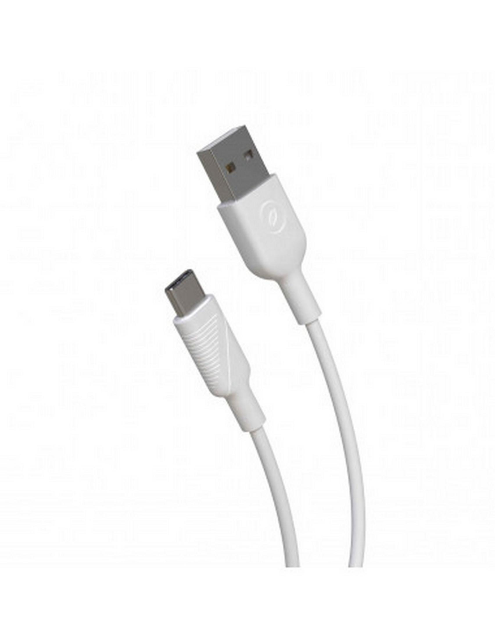 Un cavo USB-A a USB-C bianco con connettori su sfondo bianco.