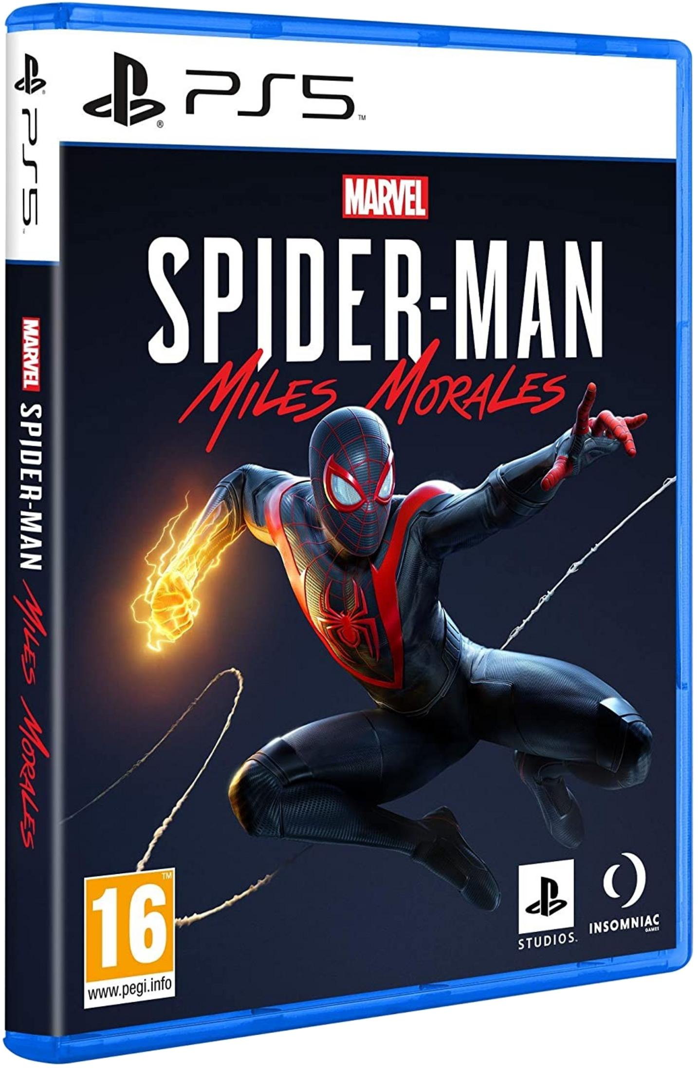 Custodia del gioco Spider-Man Miles Morales PS5 con Miles Morales in azione e classificazione PEGI 16.