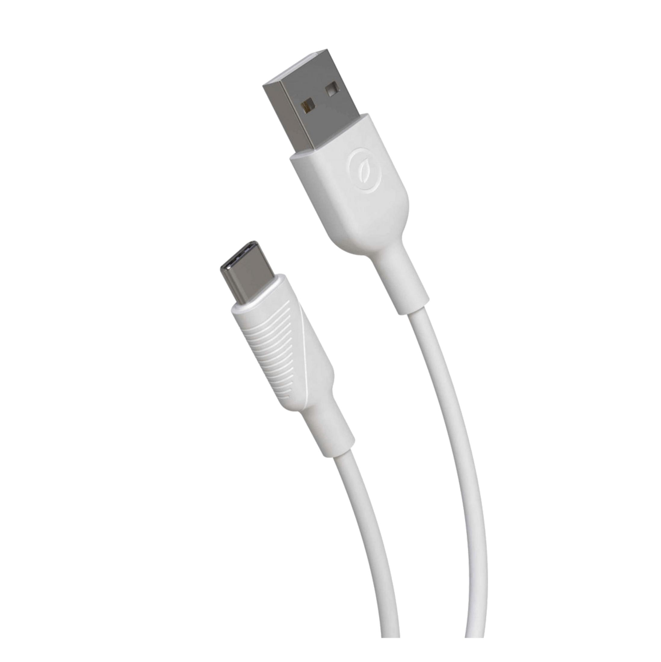 Un cavo USB-C bianco con connettori argentati, isolato su sfondo bianco.
