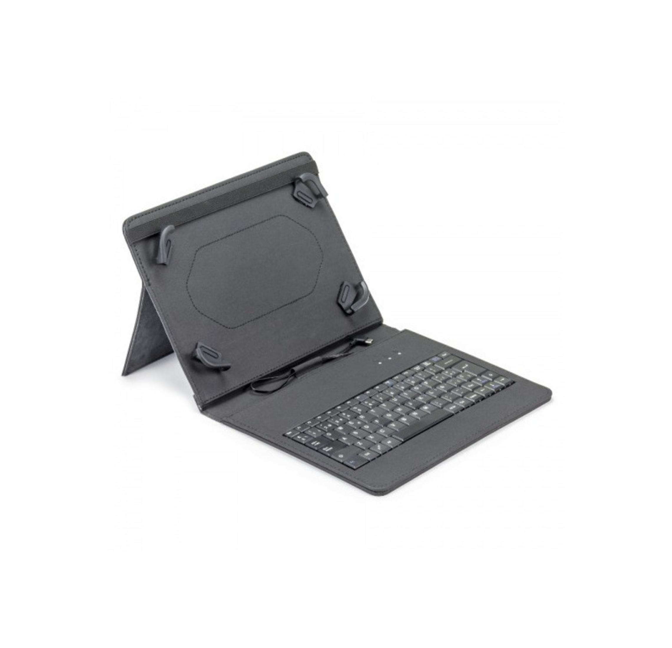 Una funda de teclado para tableta negra, abierta.