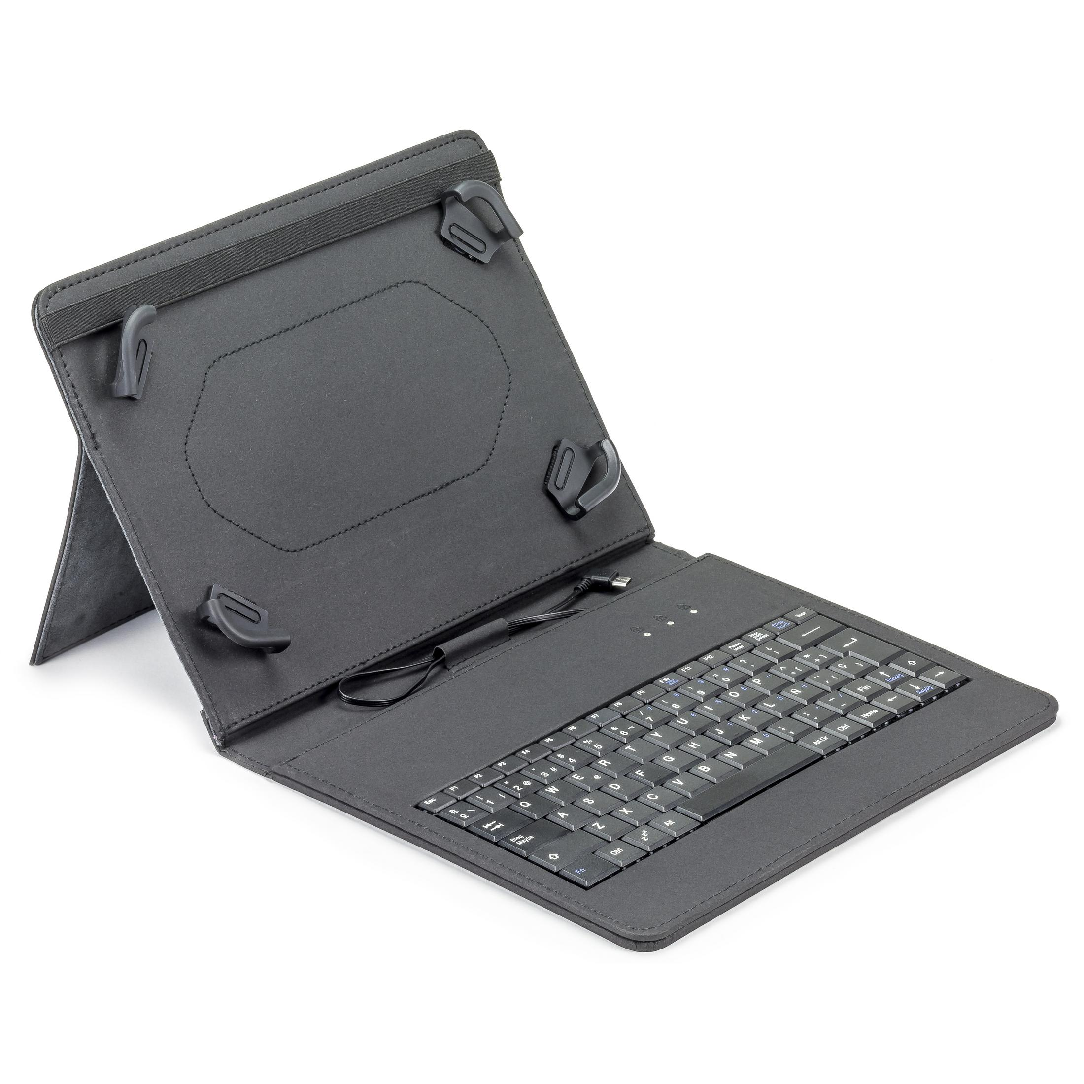 Una funda negra para tableta con teclado integrado, abierta y apoyada.