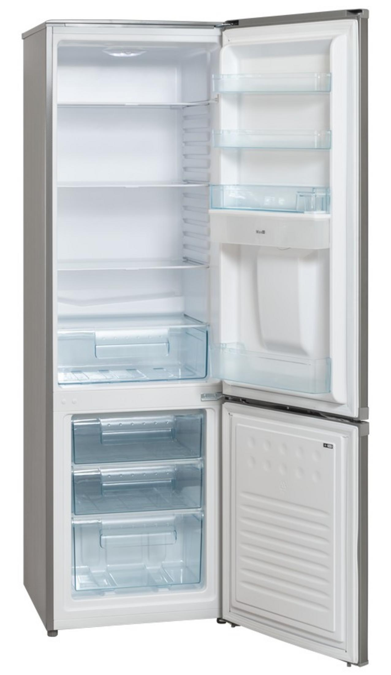 Un refrigerador plateado vacío con las puertas abiertas, mostrando estantes y cajones.