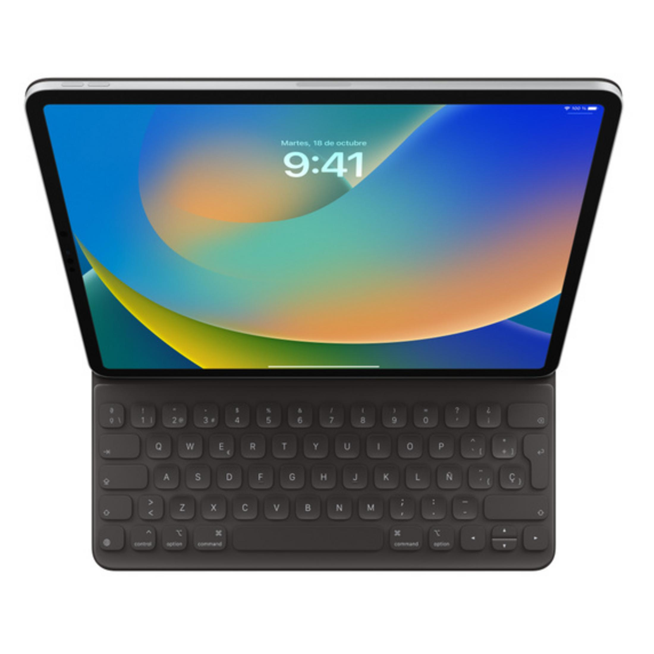 Una tableta abierta con teclado, mostrando la pantalla de bloqueo con la hora.