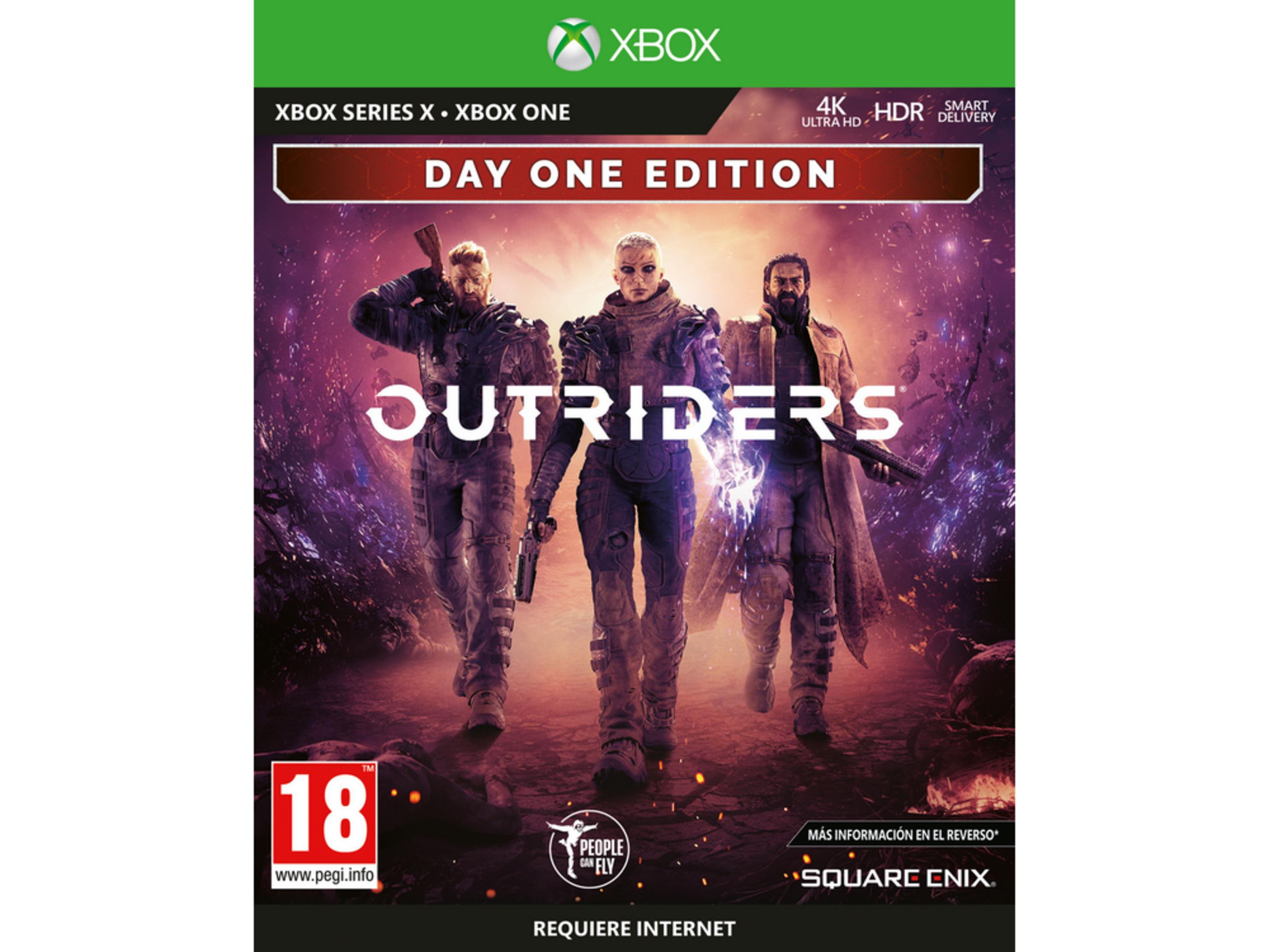 Copertina del gioco Outriders con tre figure corazzate e il logo Xbox.