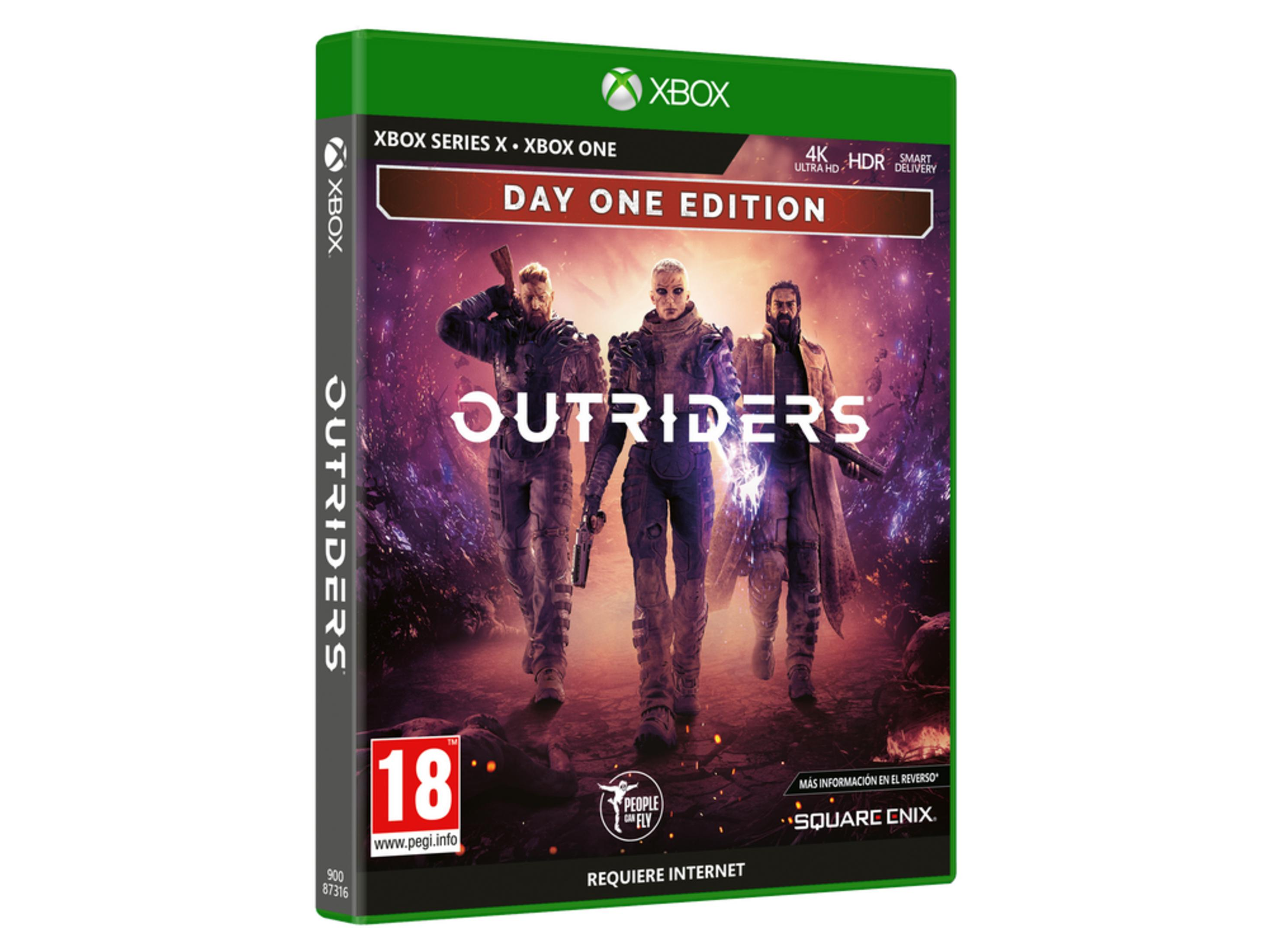 Copertina del gioco Outriders per Xbox, con tre personaggi e il titolo.