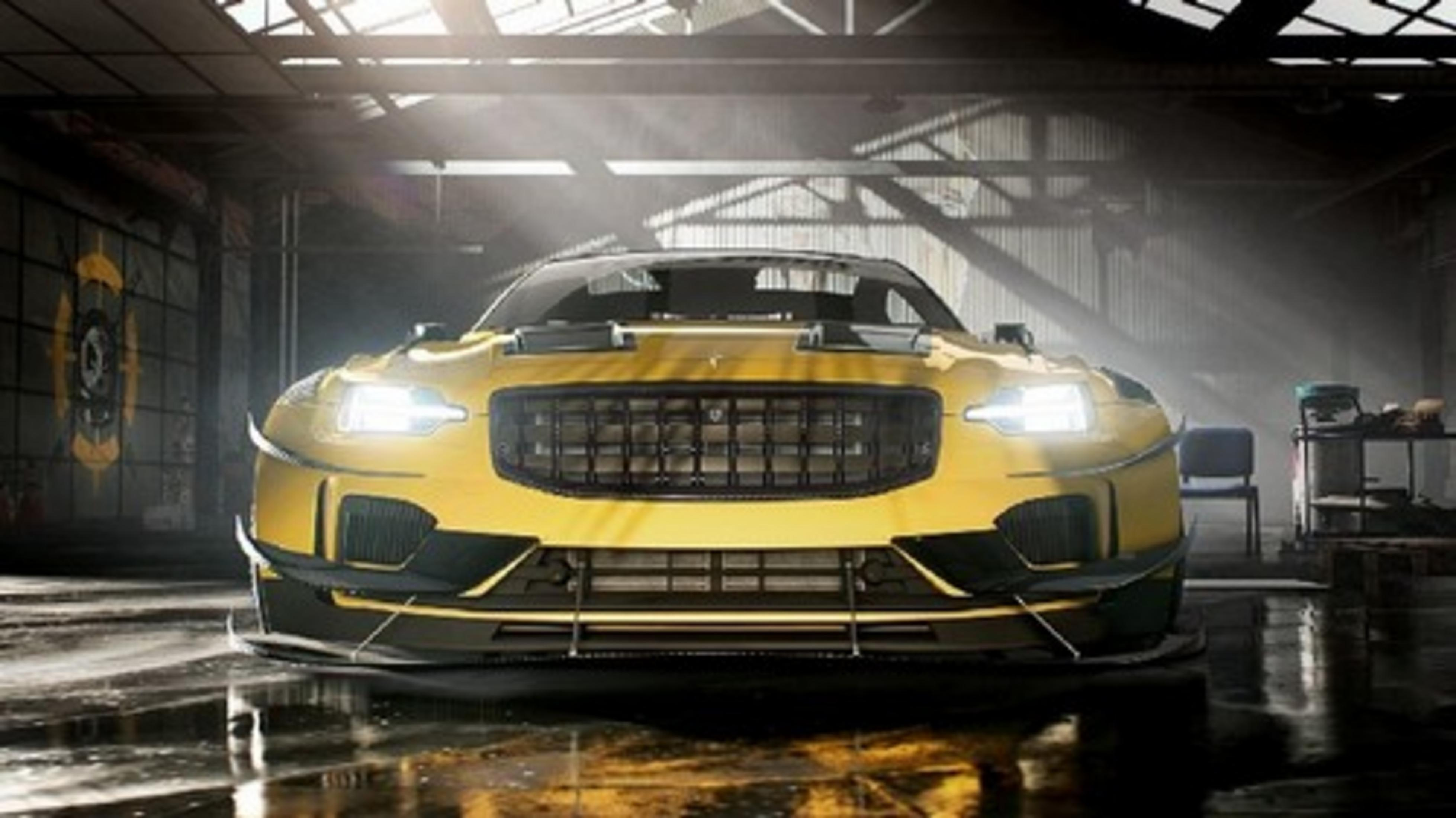 Un coche deportivo amarillo con parrilla abierta está en un taller.