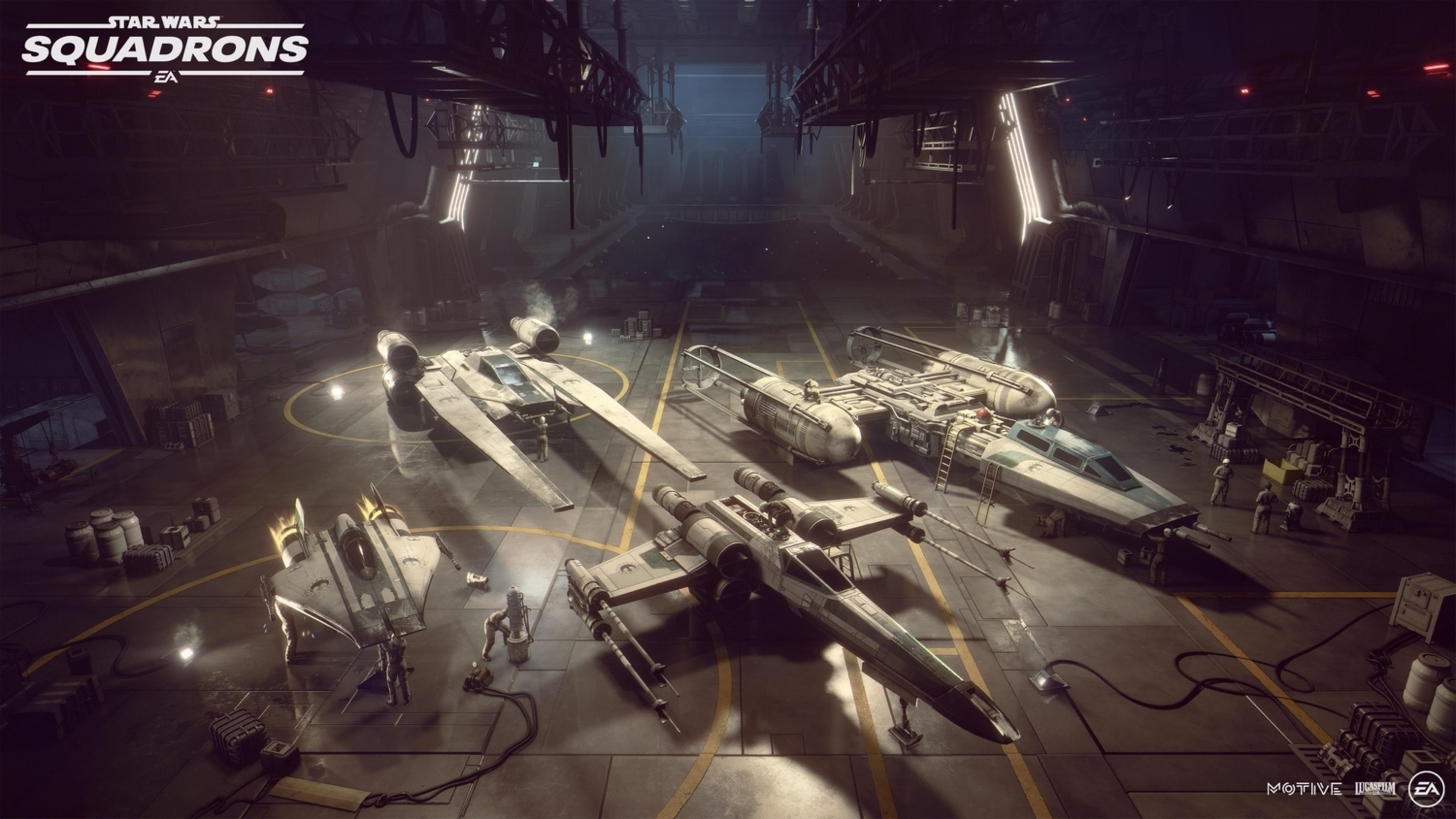 Hangar Star Wars Squadrons z myśliwcami X-wing, Y-wing i A-wing.