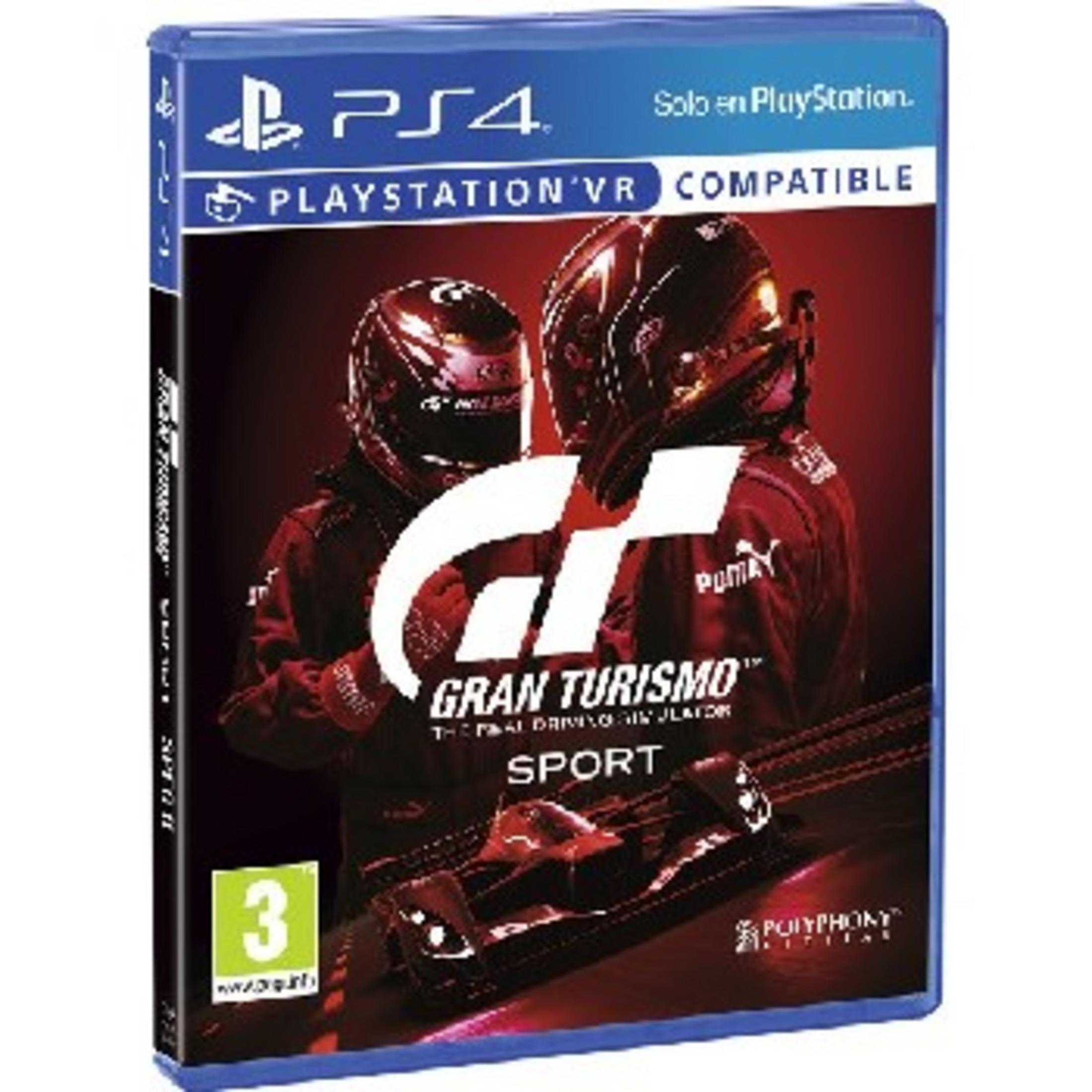 Funda del juego PS4 Gran Turismo Sport con corredores y coche deportivo.