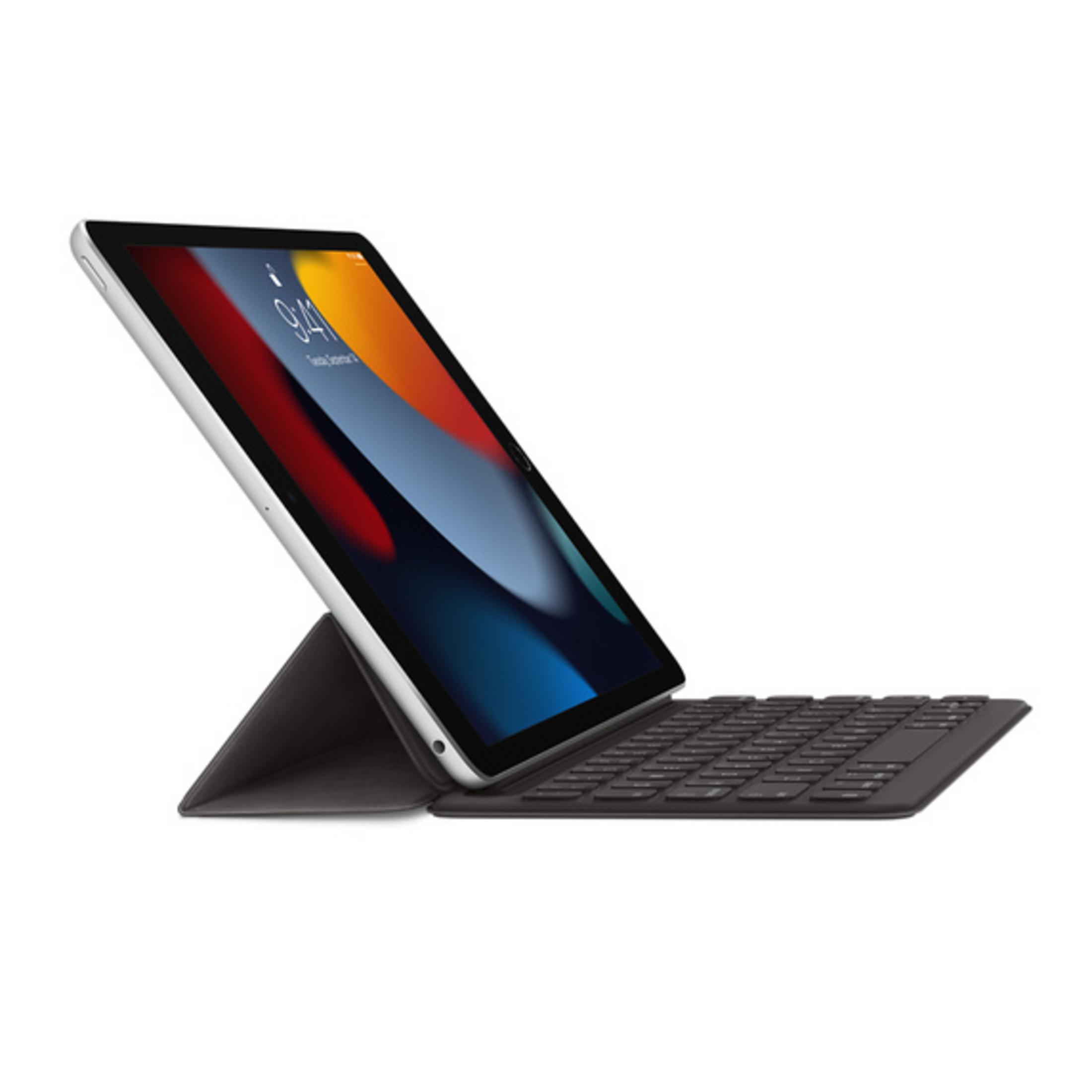 A silver tablet with a black keyboard and stand.