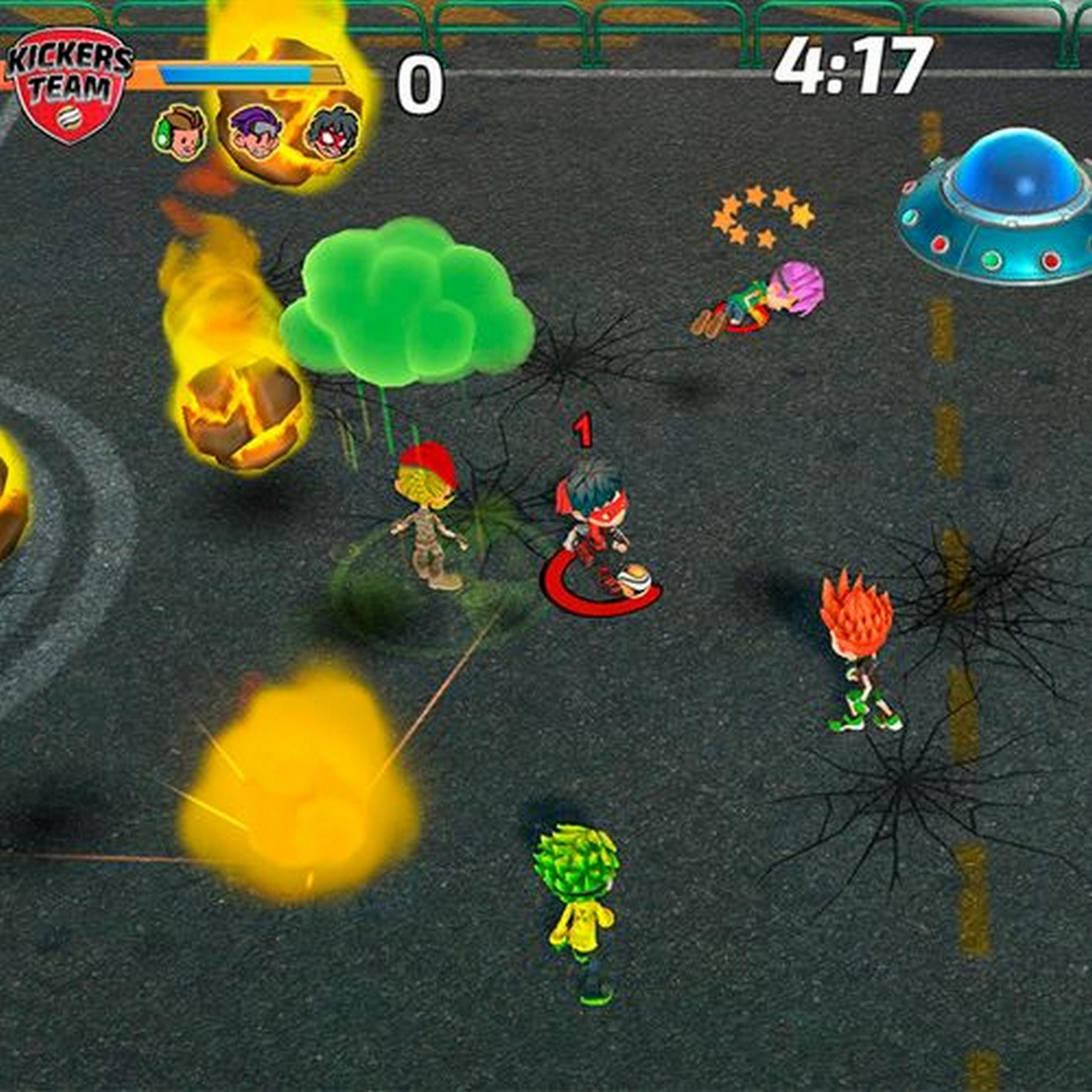 Scena di gioco con personaggi dei cartoni animati, palle di fuoco, una nuvola verde e un UFO.
