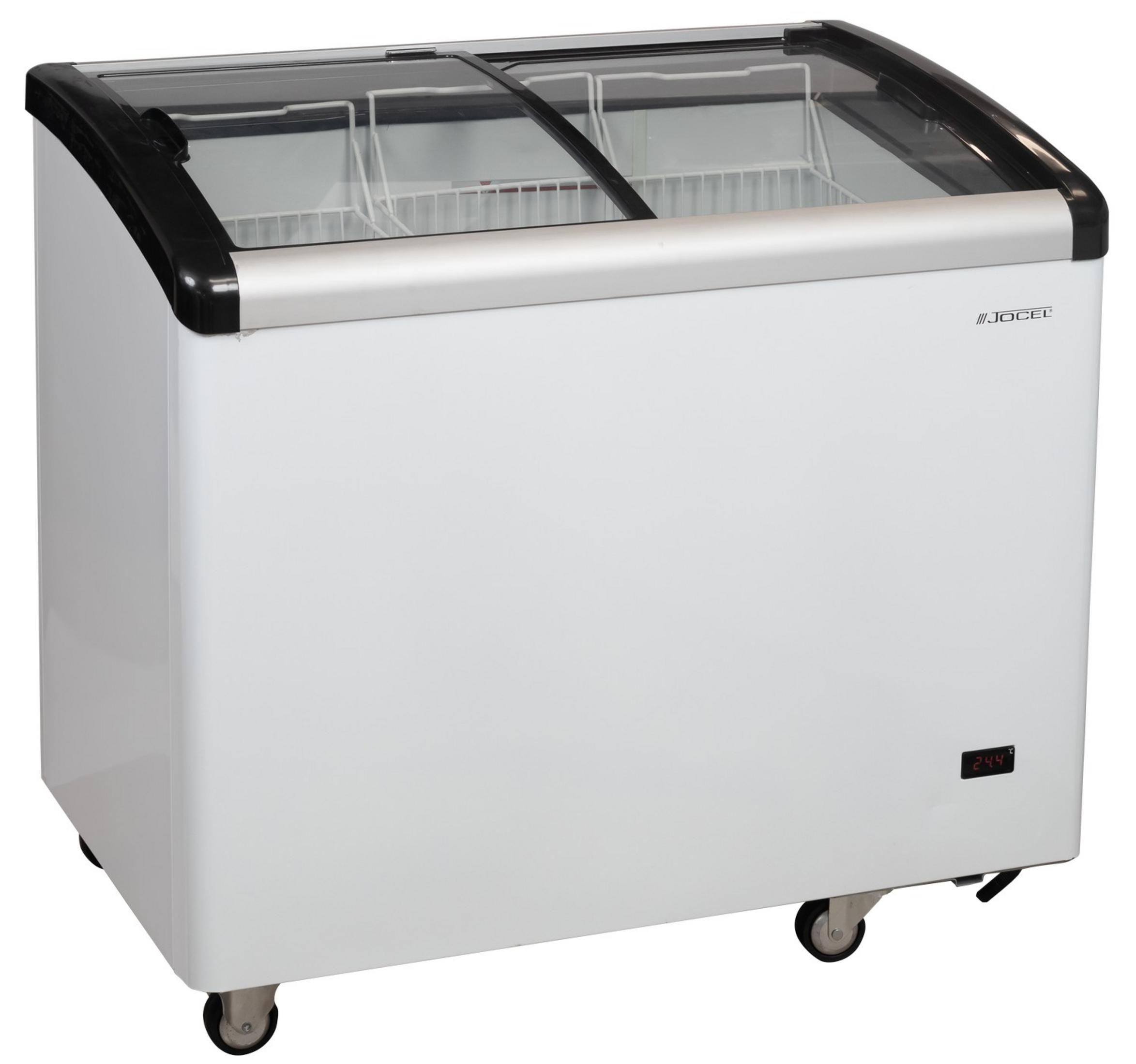Un congelador blanco horizontal con tapa de cristal, sobre ruedas. La temperatura marca 24.4.