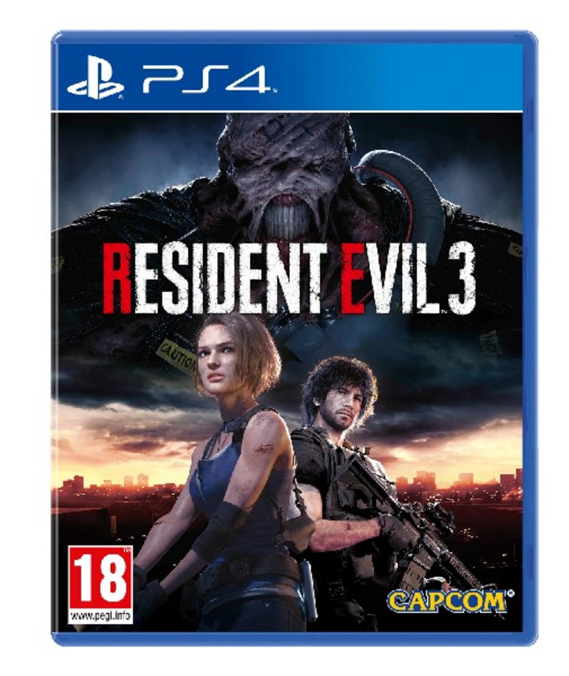 Copertina PS4 di Resident Evil 3 con Jill Valentine, Carlos Oliveira e Nemesis.