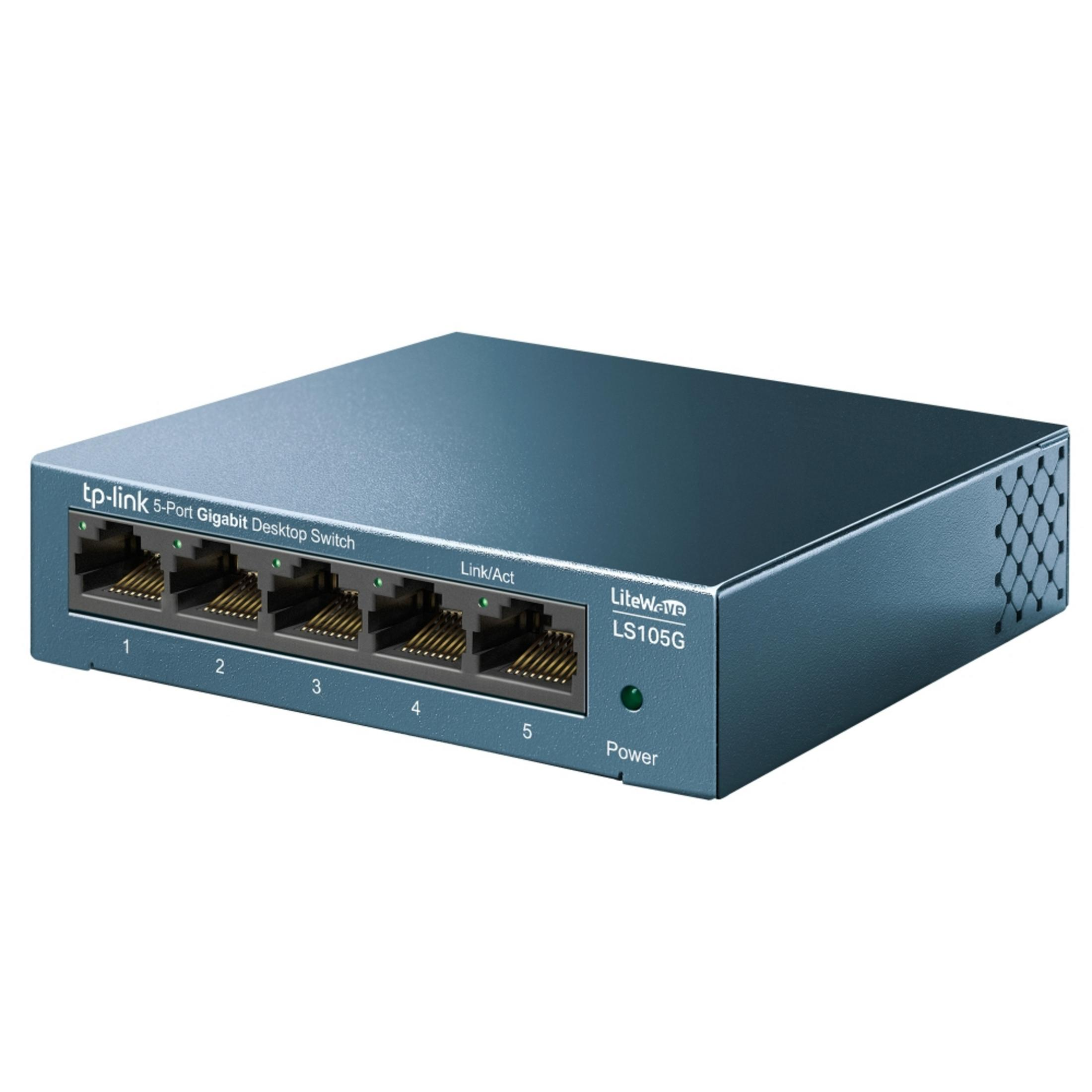 Switch di rete desktop Gigabit TP-Link blu a 5 porte con cinque porte Ethernet.