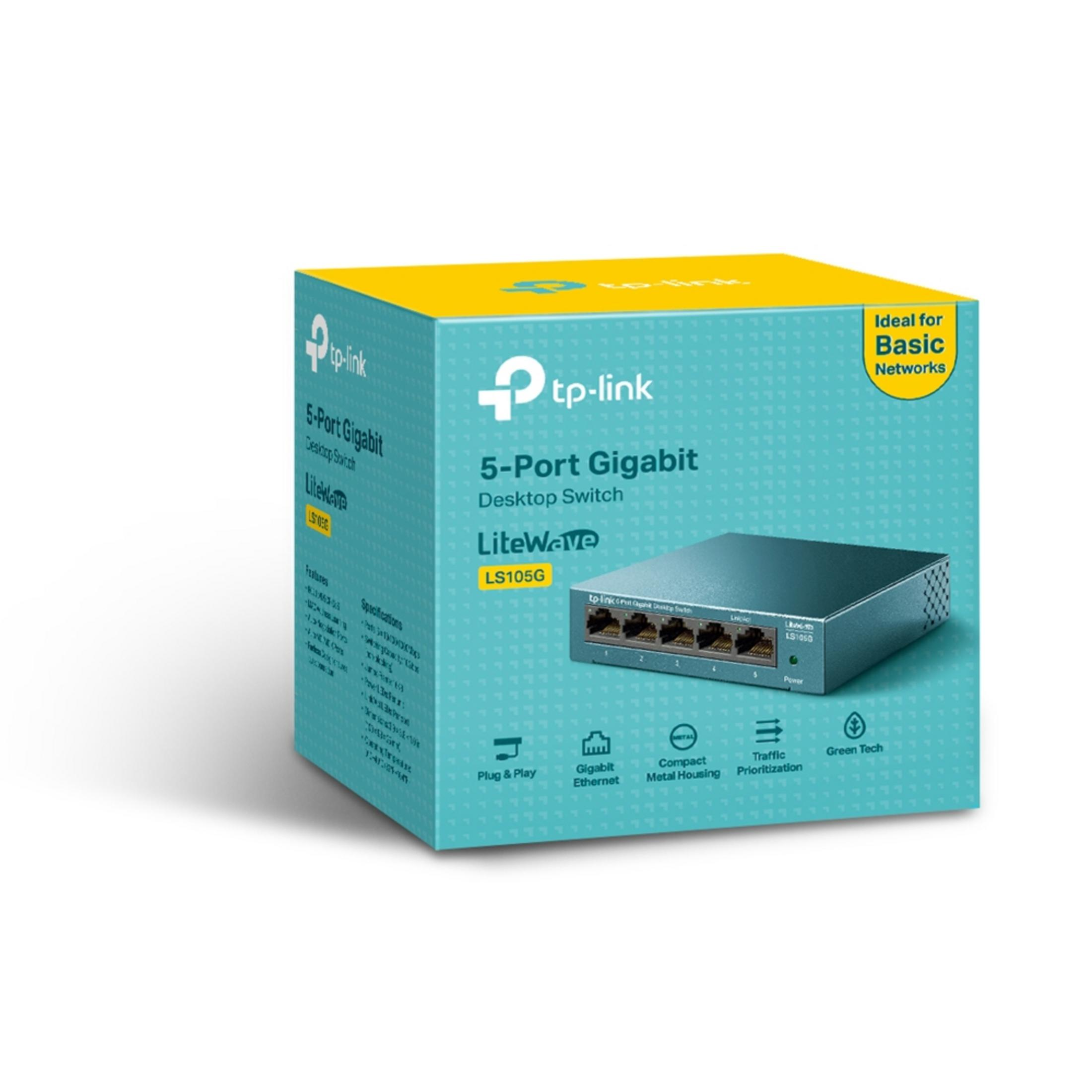 Switch Desktop Gigabit TP-Link 5 Porte LS105G sulla sua confezione turchese e gialla.