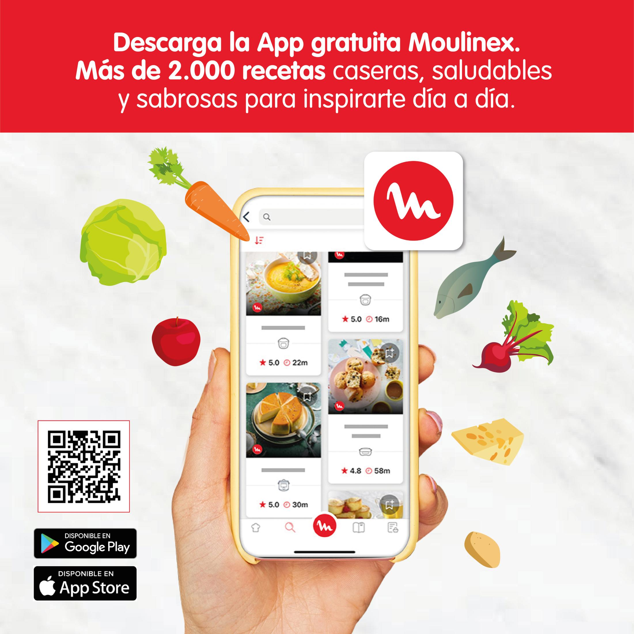 Una mano tiene uno smartphone con l'app Moulinex, circondato da ingredienti.
