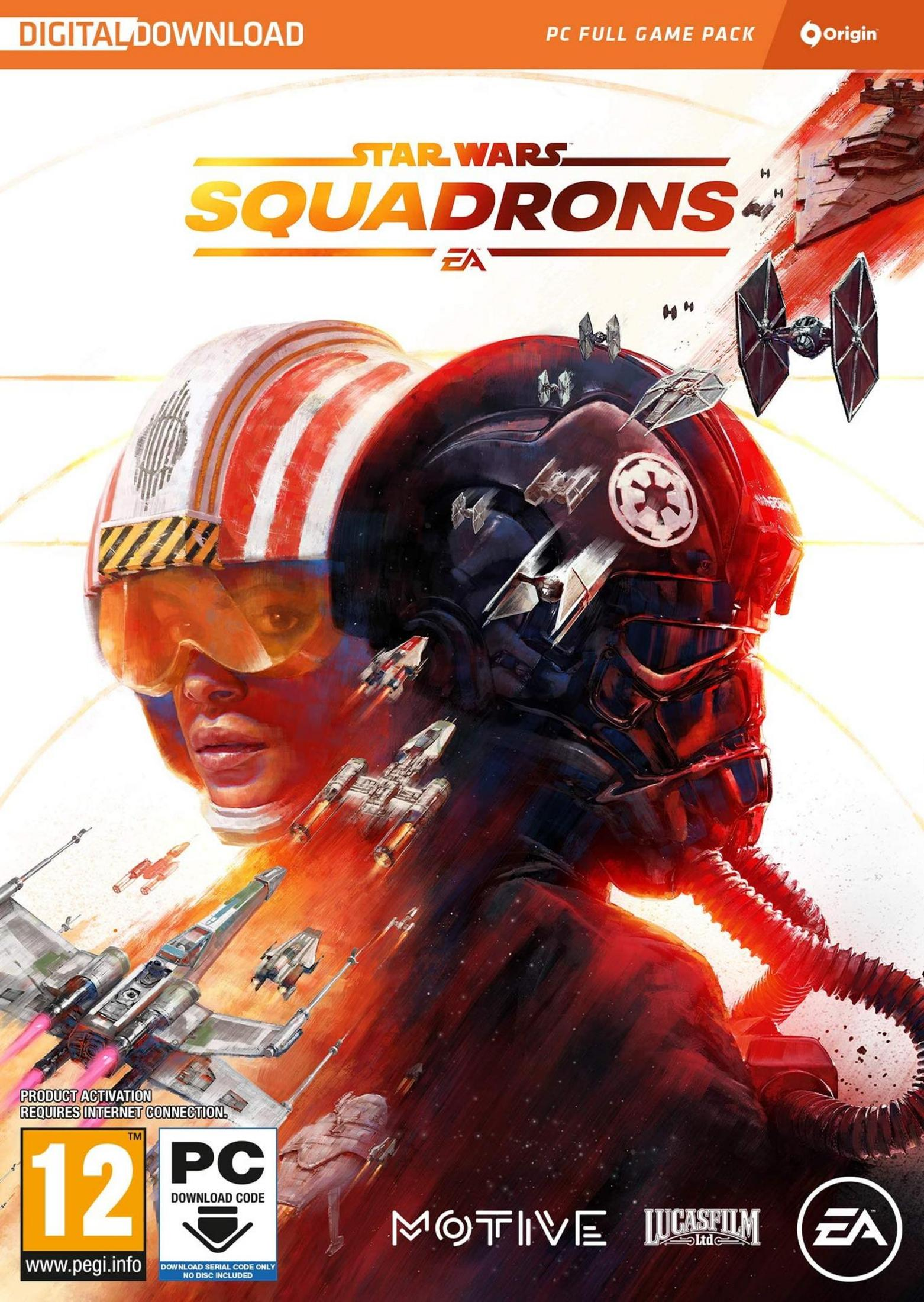 Okładka gry Star Wars: Squadrons z dwoma hełmami pilotów i statkami kosmicznymi.