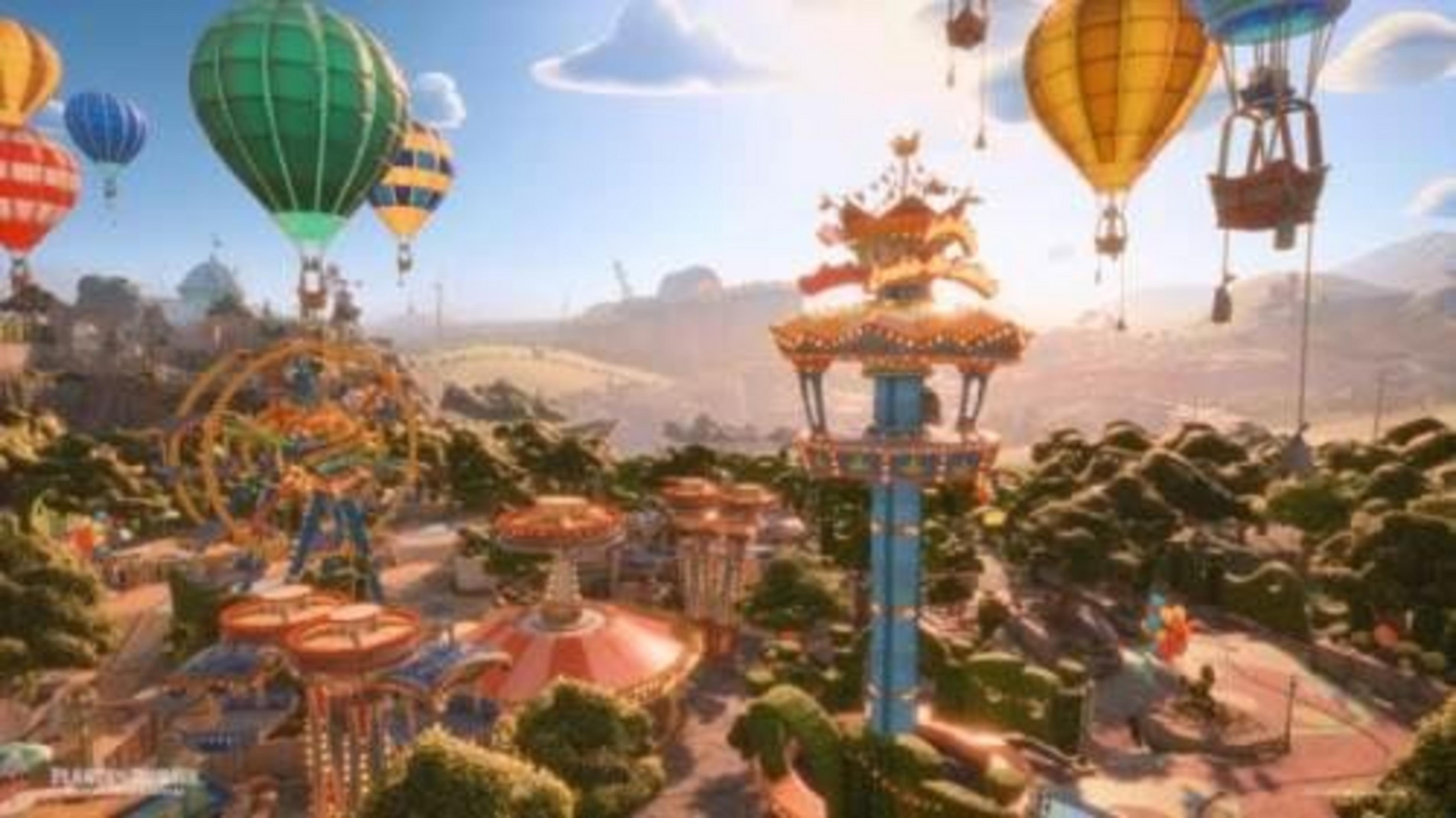 Parque de atracciones colorido con globos aerostáticos, carruseles y noria.