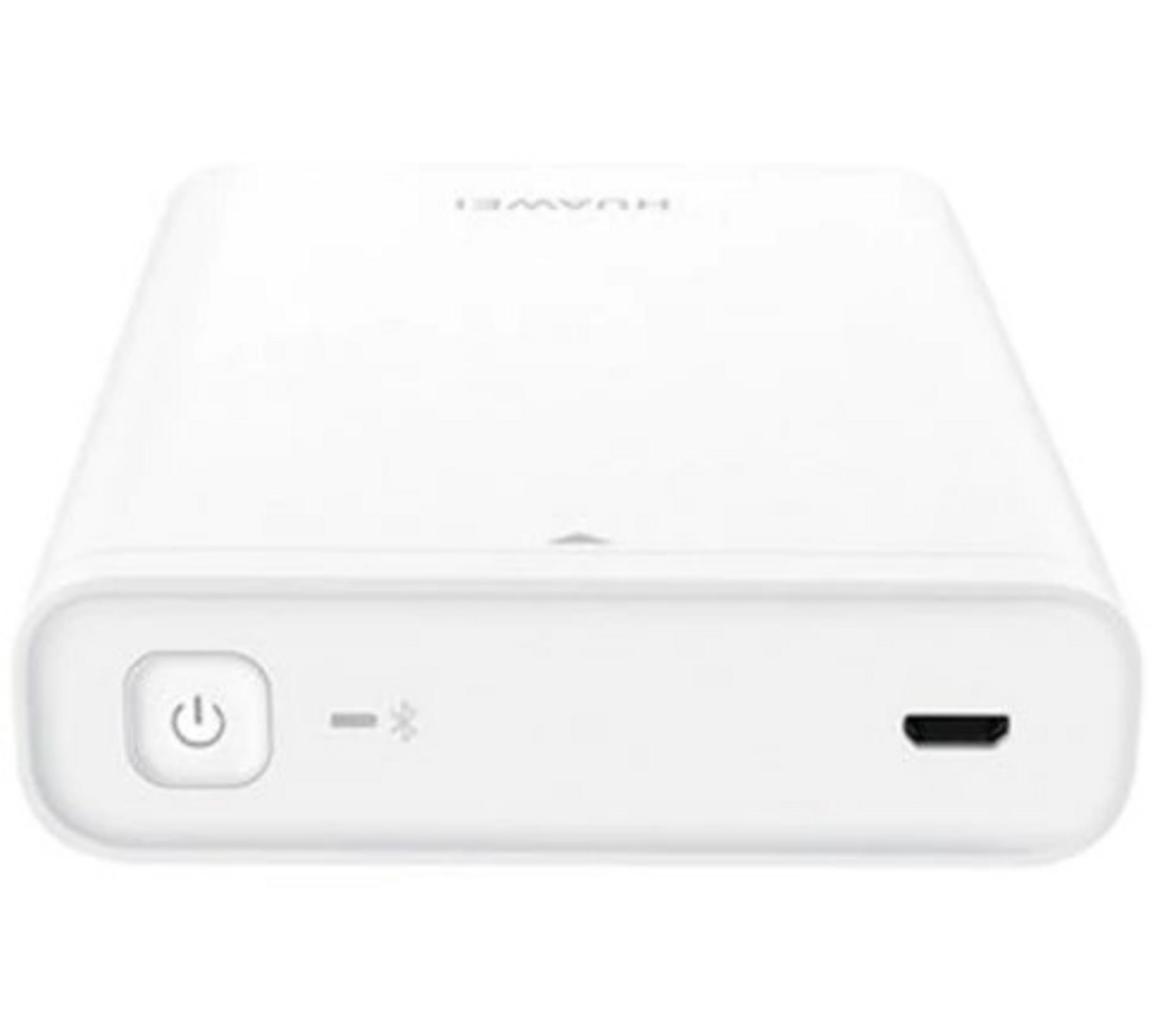 Ein weißes Huawei-Gerät mit Power-Taste, Bluetooth-Symbol und USB-Anschluss.