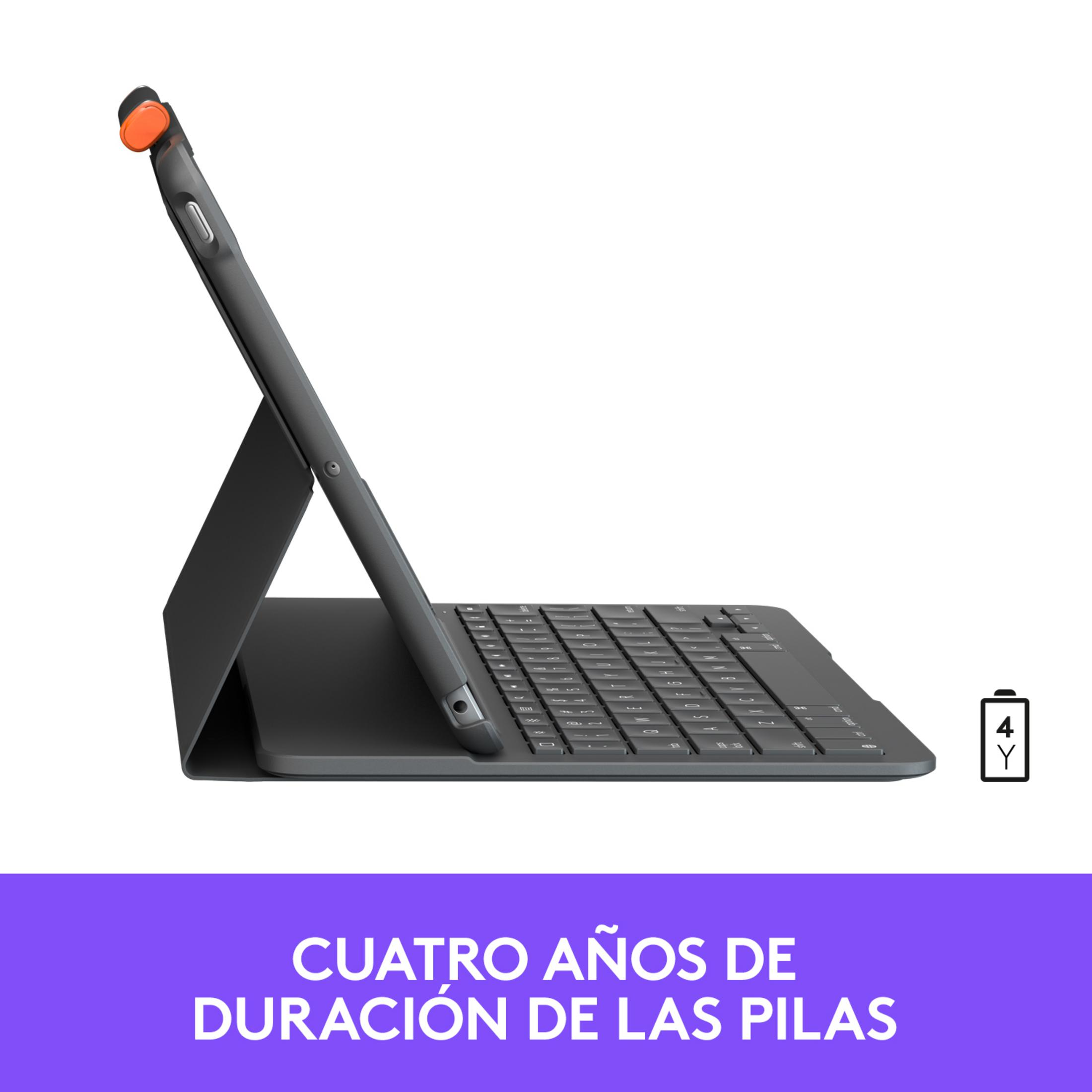 Tableta gris con teclado y accesorio para lápiz naranja. Icono de batería 4Y.