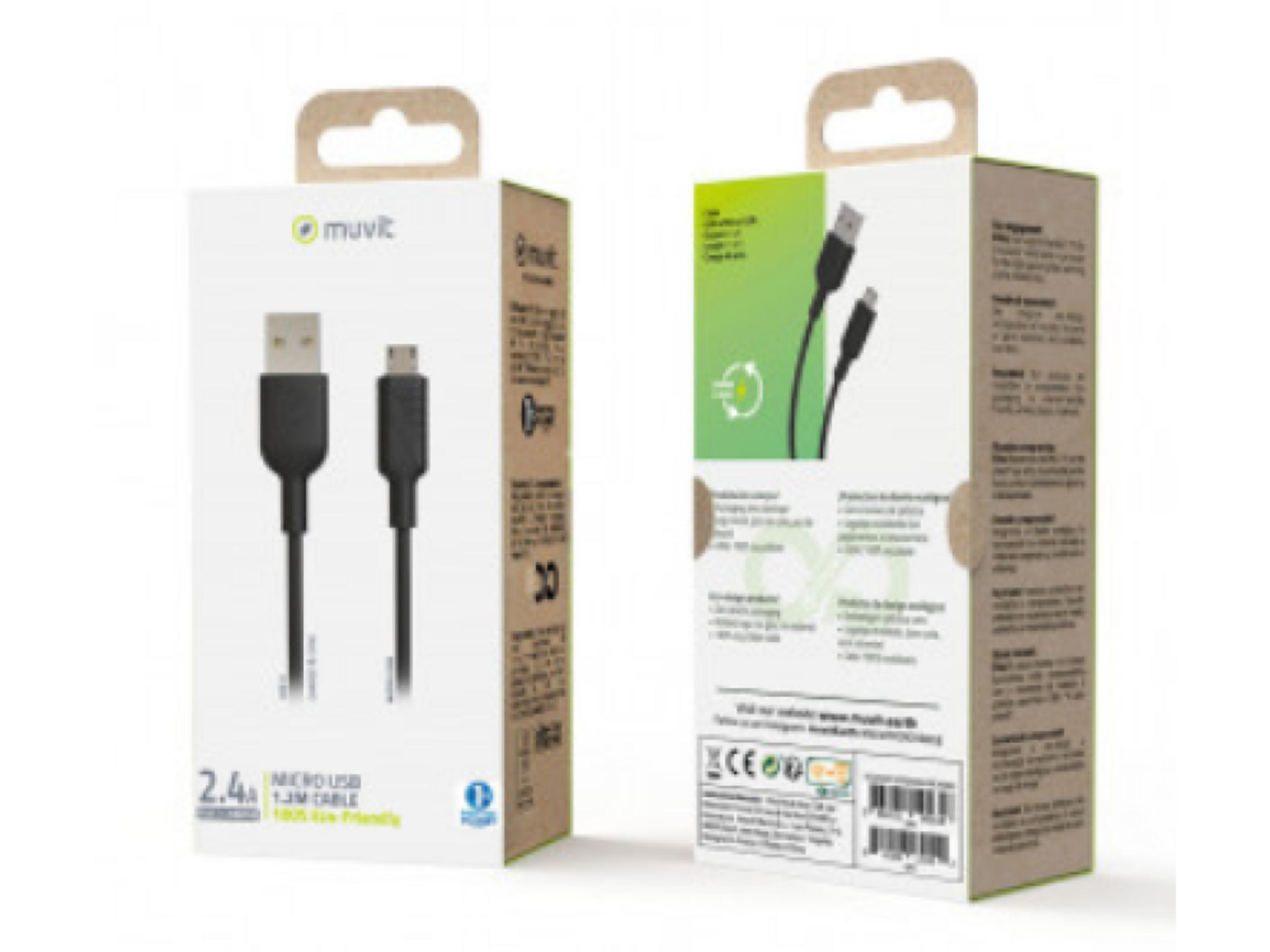Embalaje que muestra dos cables USB a Micro USB negros. Un cable es visible en el frente.