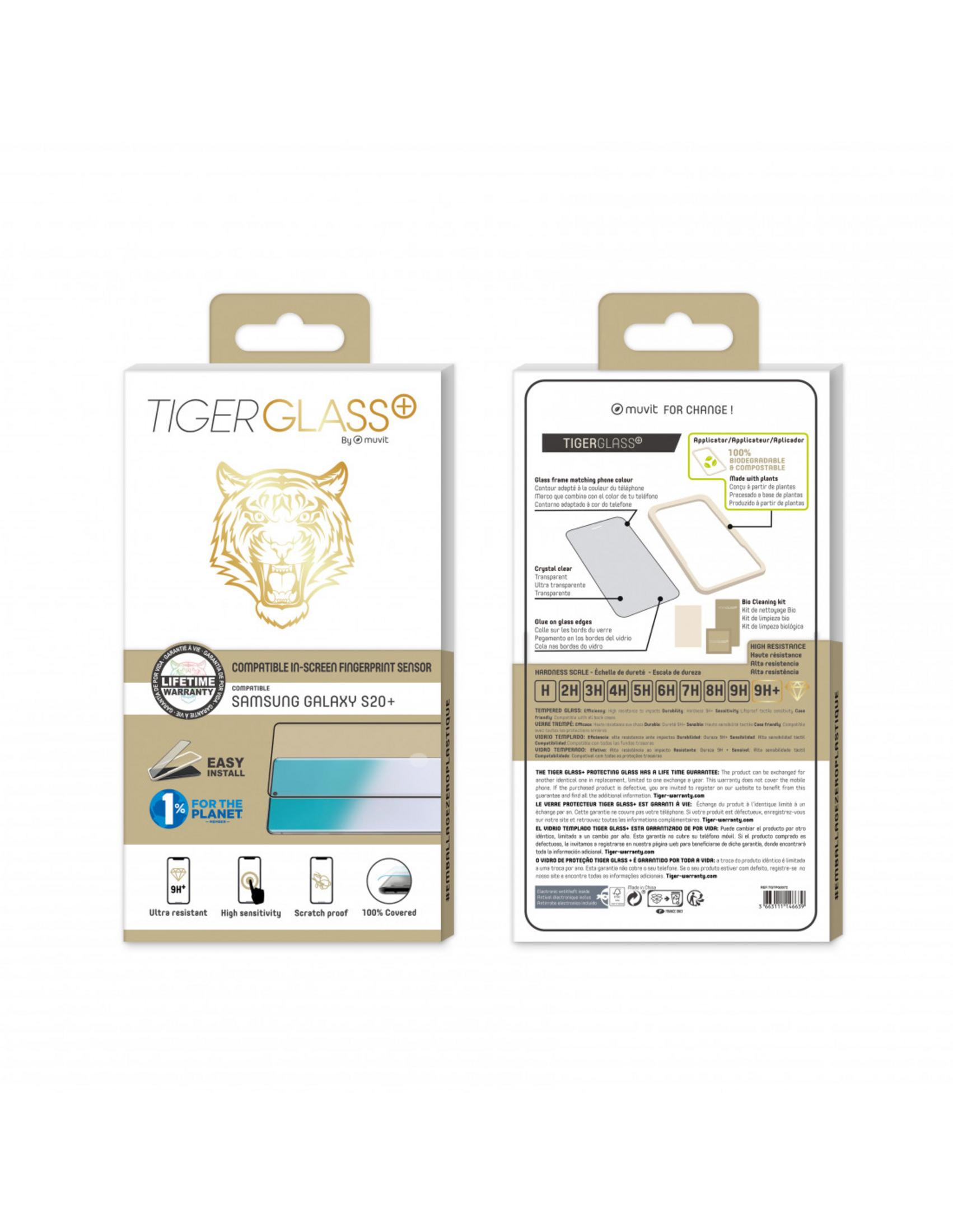 Confezione per proteggi schermo Samsung Galaxy S20+ con design tigre.
