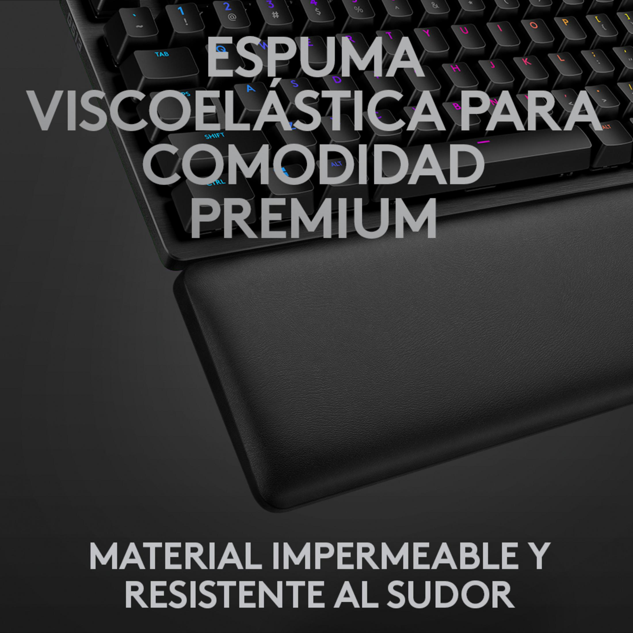 Teclado negro con reposamuñecas. Texto: Comodidad premium, impermeable.