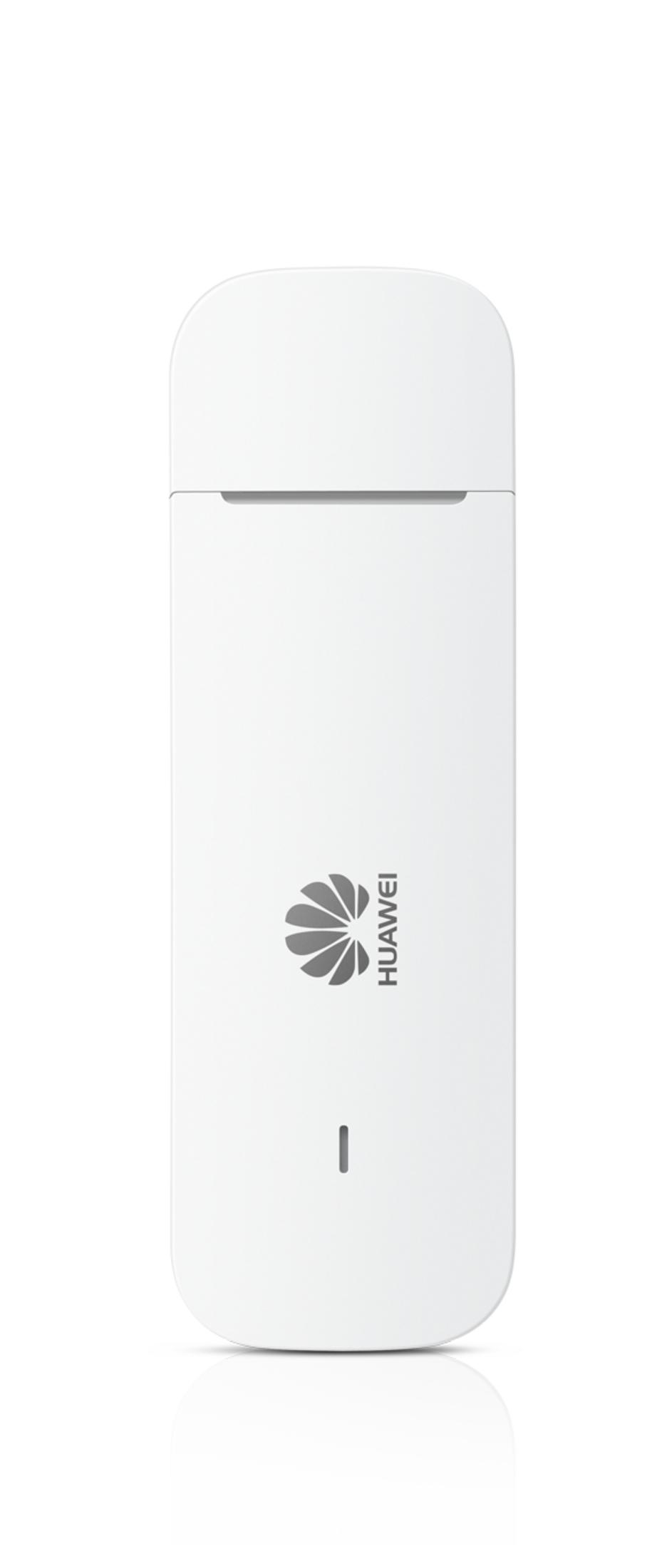 Ein weißer Huawei-USB-Stick mit Logo und Strichanzeige auf weißem Hintergrund.