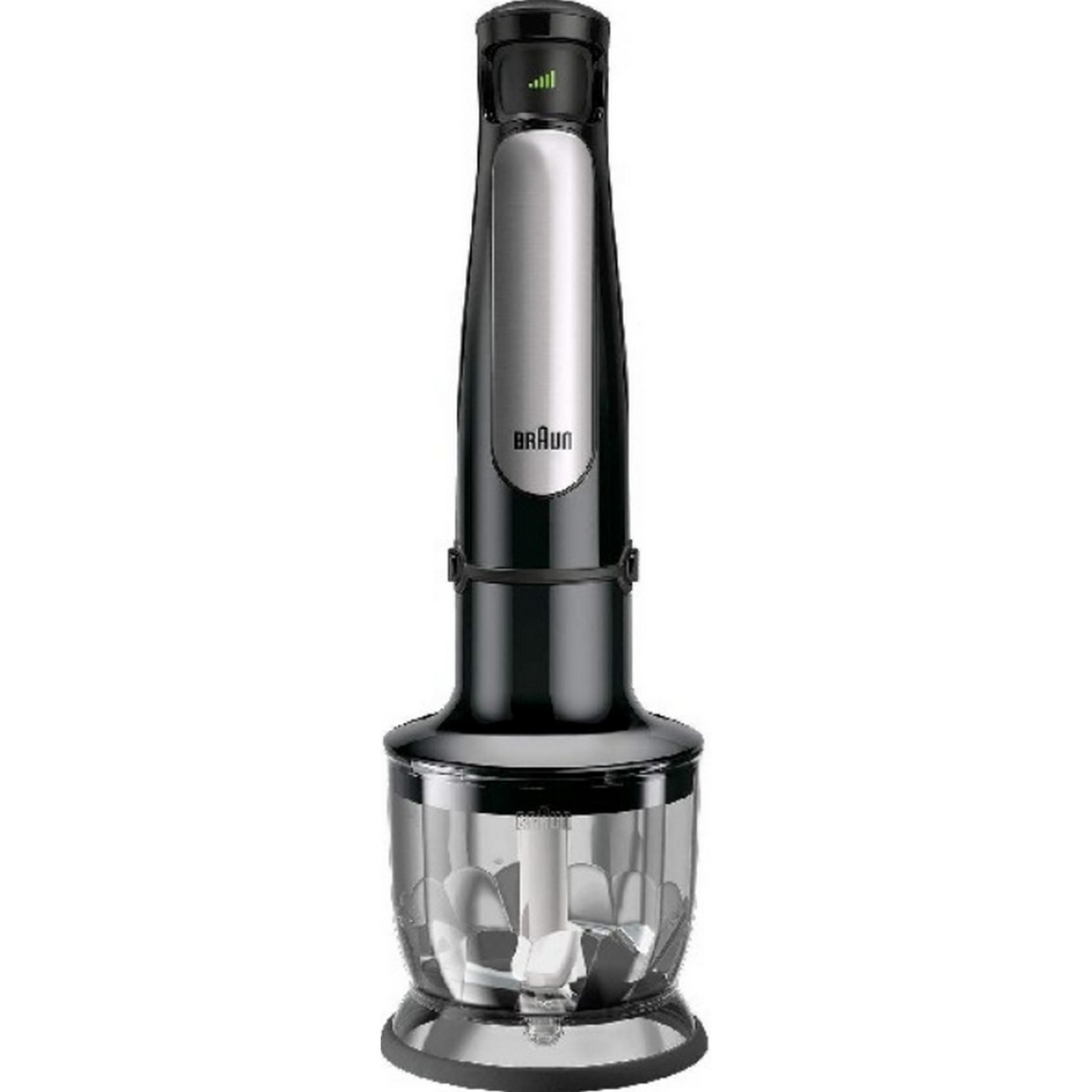 Braun hand blender with black and silver body and clear chopper attachment.