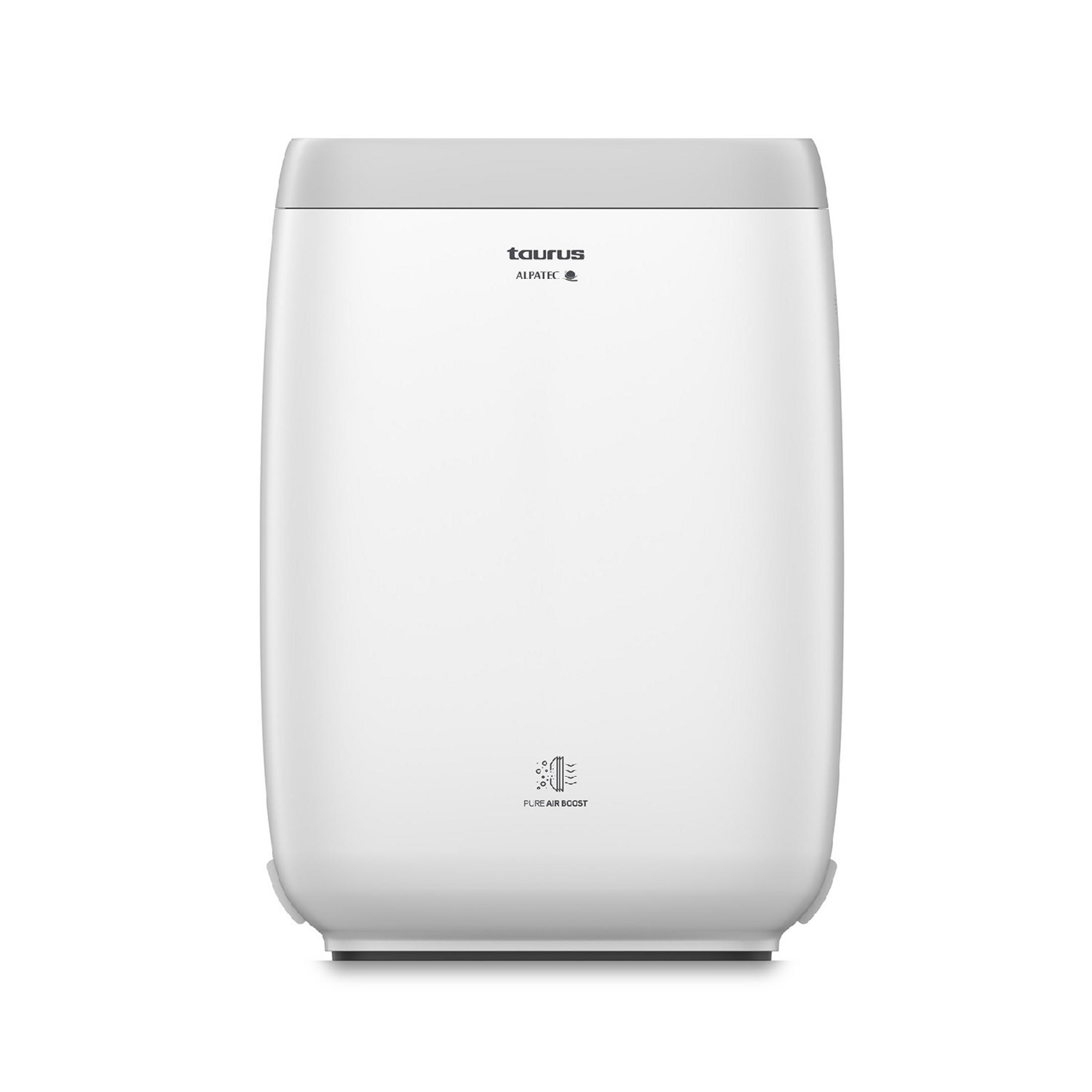 Un purificatore d'aria bianco con bordo superiore grigio e logo Taurus.