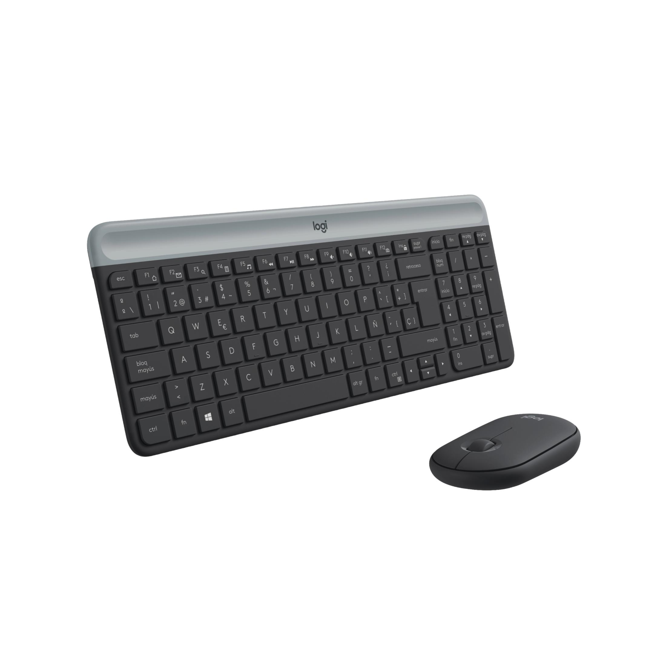 Una tastiera e un mouse Logitech neri sono posizionati uno accanto all'altro su sfondo bianco.