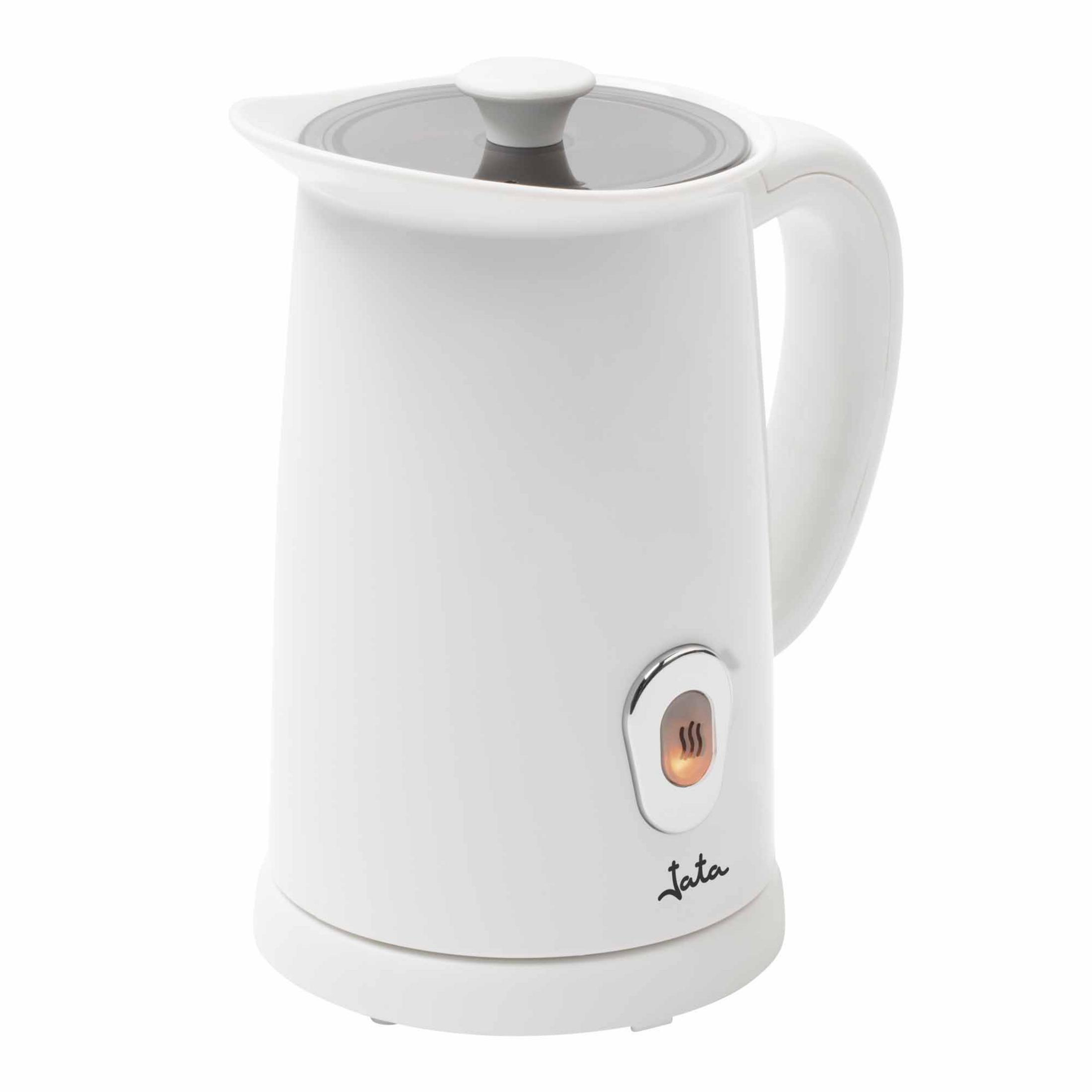 Un montalatte bianco con coperchio grigio e pulsante illuminato.
