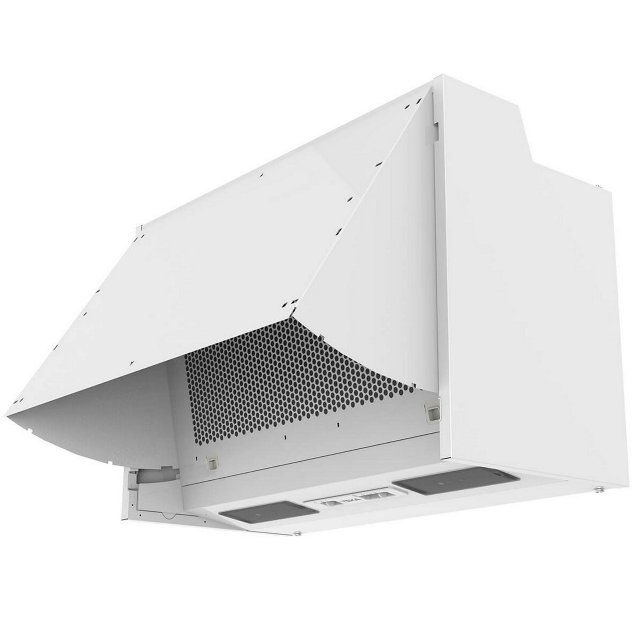 Una campana extractora blanca con rejillas de ventilación y botones.