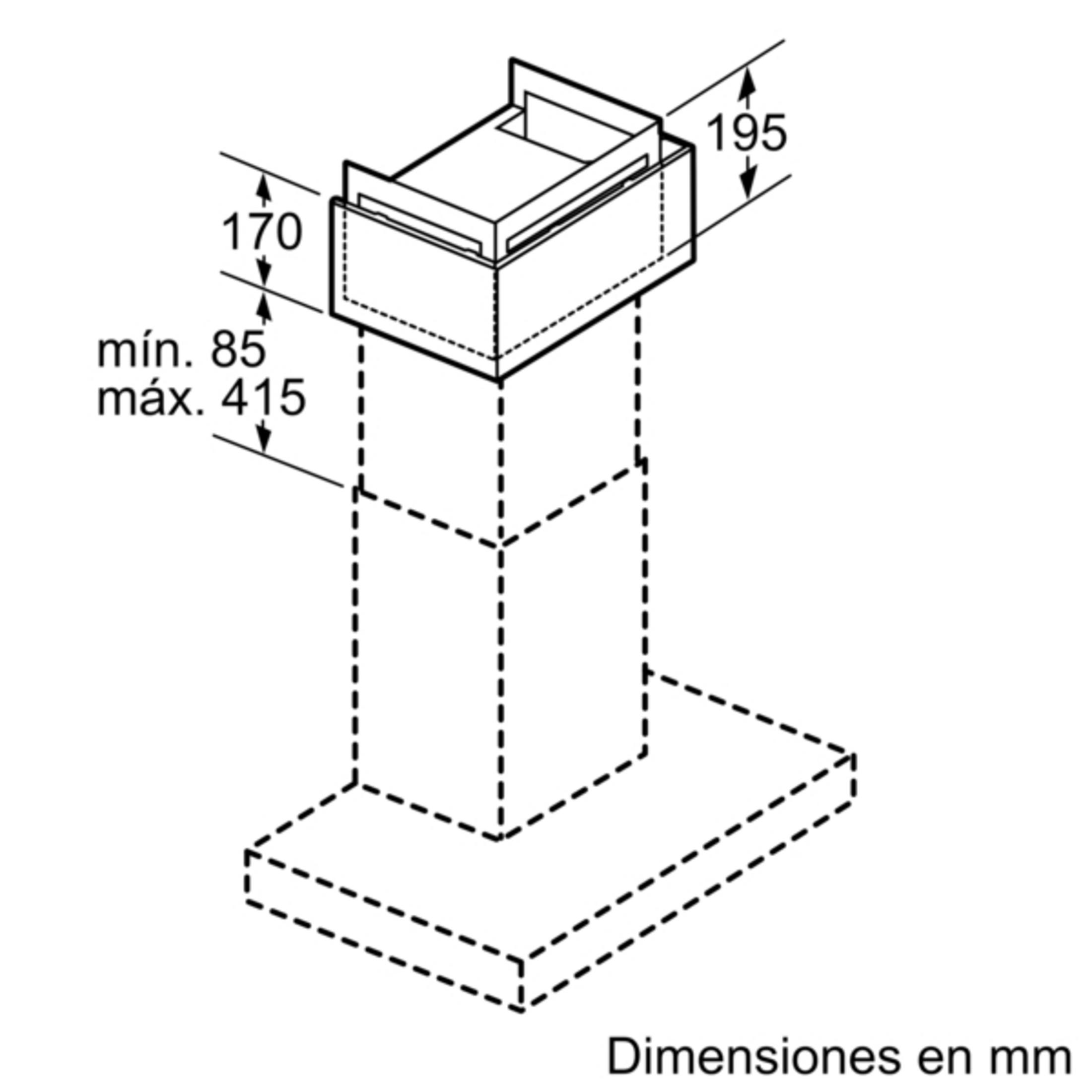 Dibujo técnico de una campana extractora con dimensiones en mm.