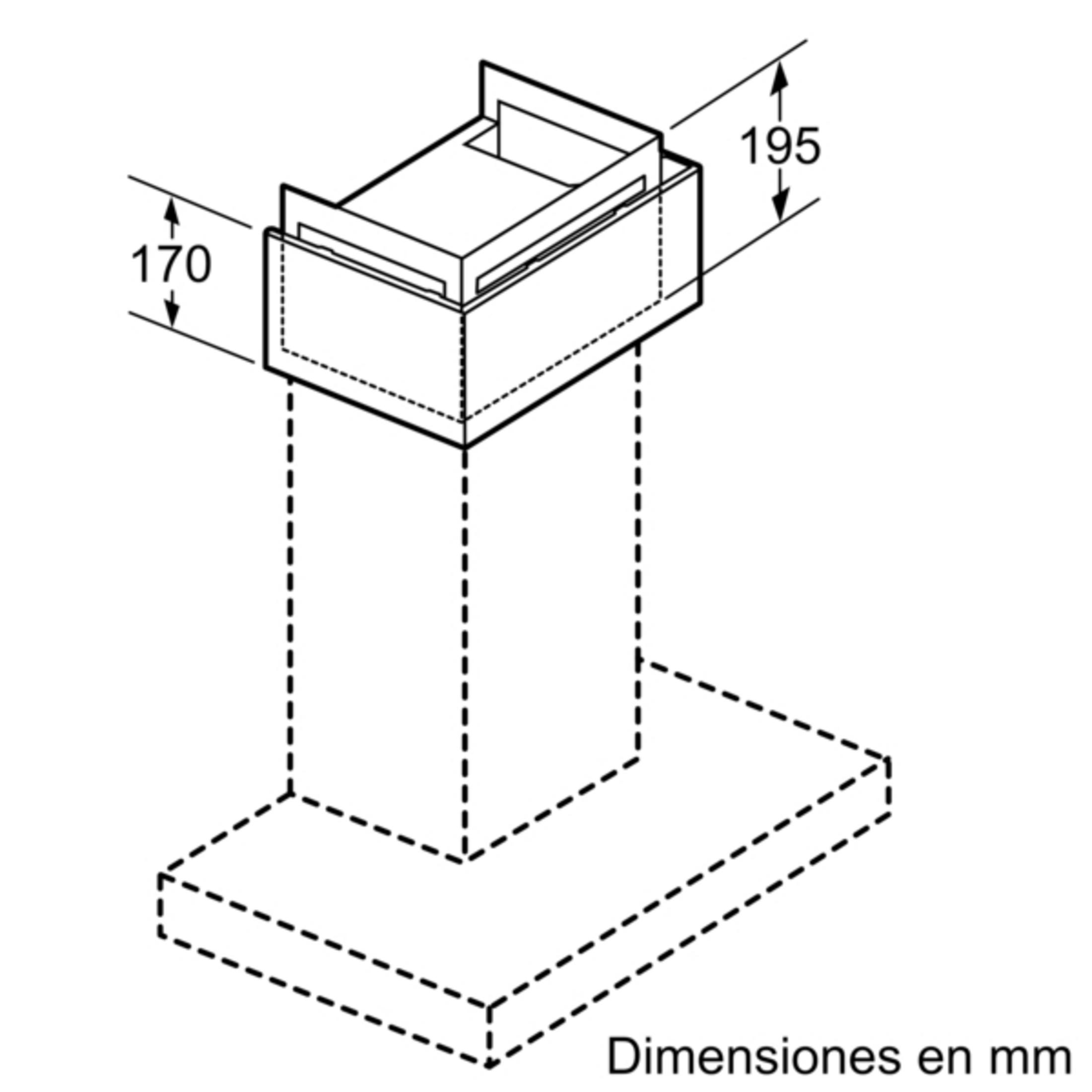 Dibujo técnico de una campana extractora con medidas 170 y 195 mm.