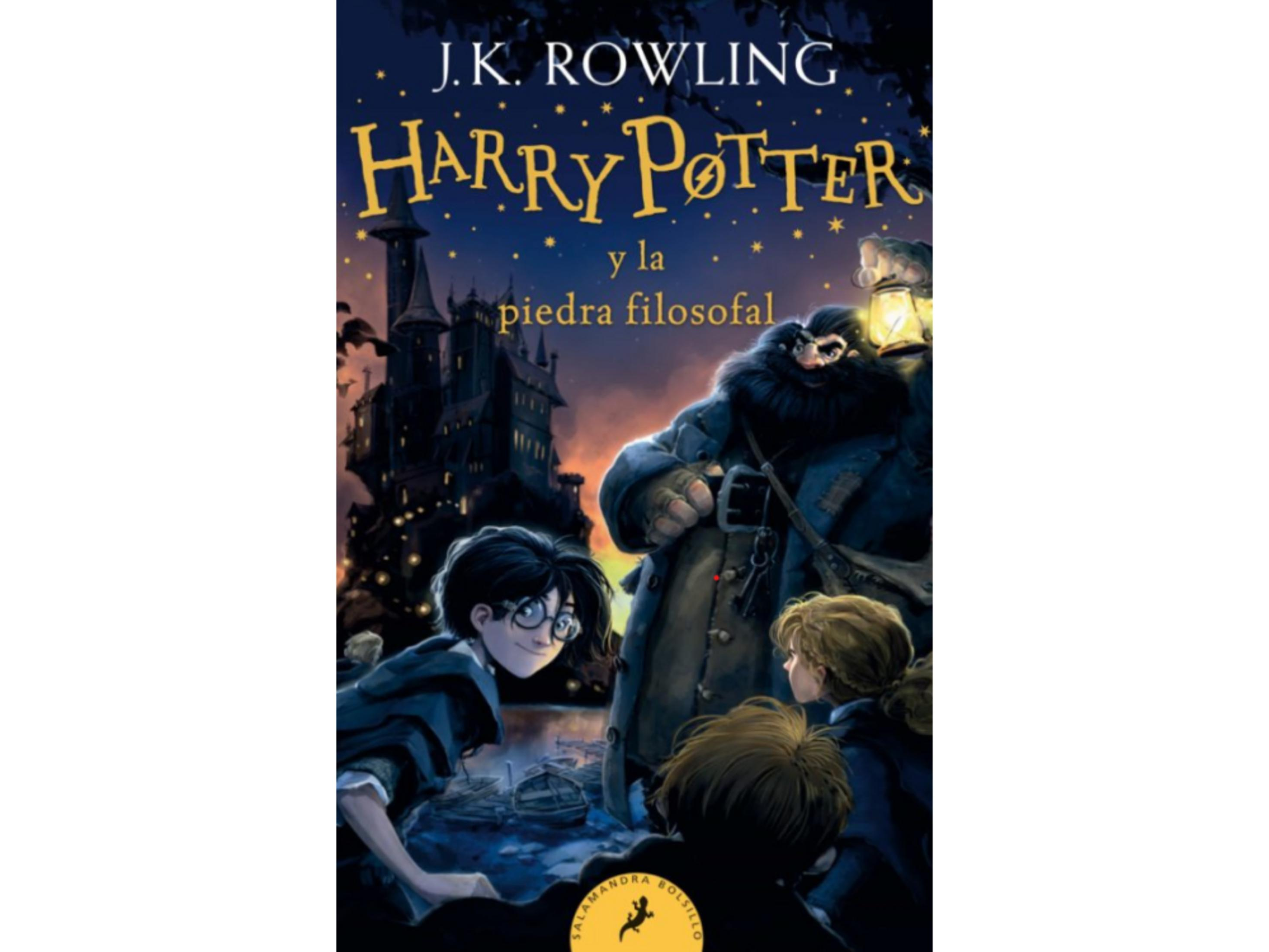 Harry Potter con Hagrid frente a Hogwarts, escena nocturna, estrellas.