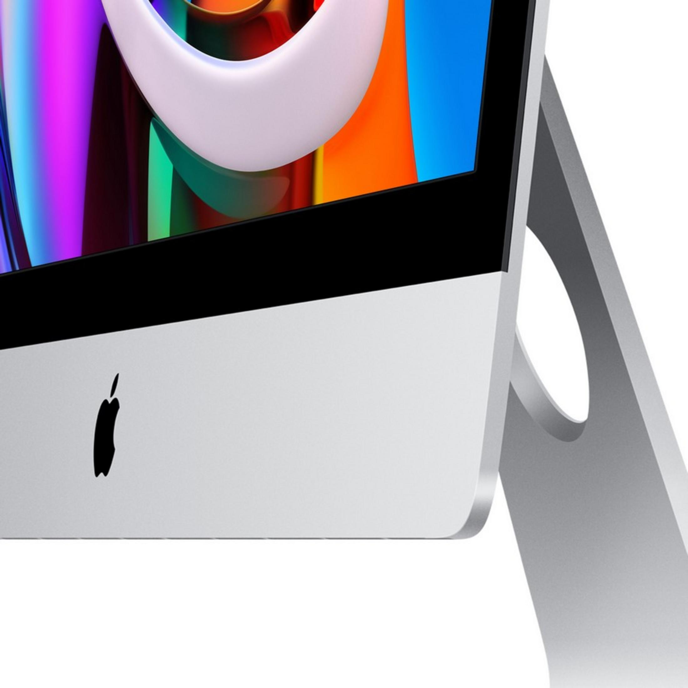 iMac plateado con logo de Apple y gráficos coloridos en pantalla.