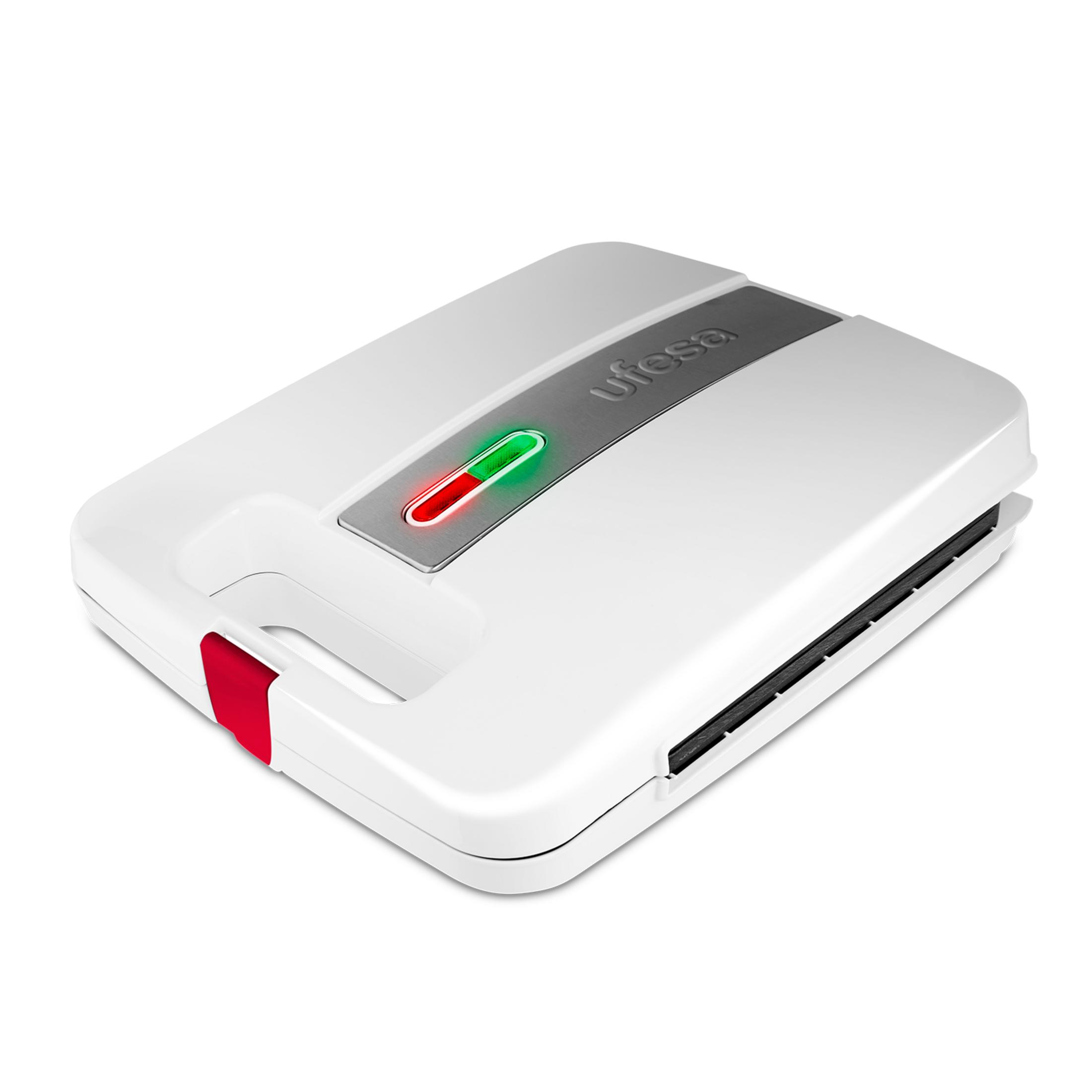 Tostapane bianco con chiusura rossa e spie luminose.