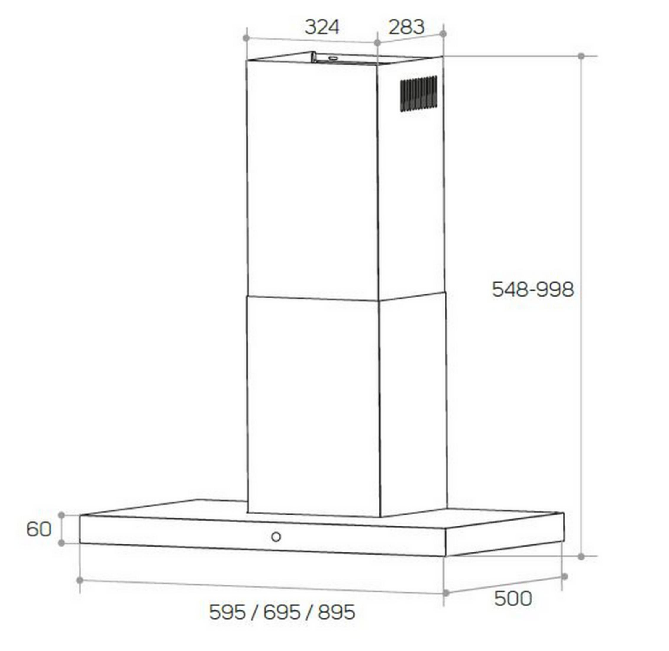 Dibujo técnico de una campana extractora con dimensiones. Tiene una base rectangular y una chimenea vertical.