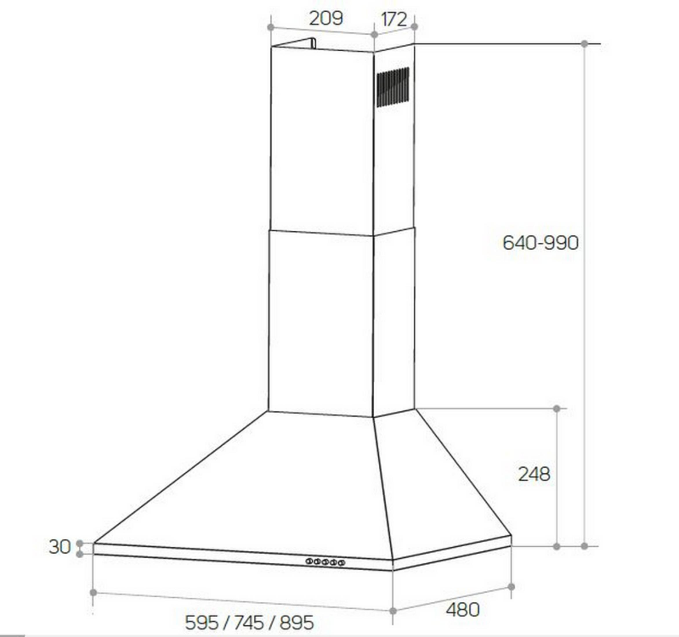 Dibujo técnico de una campana extractora con dimensiones.