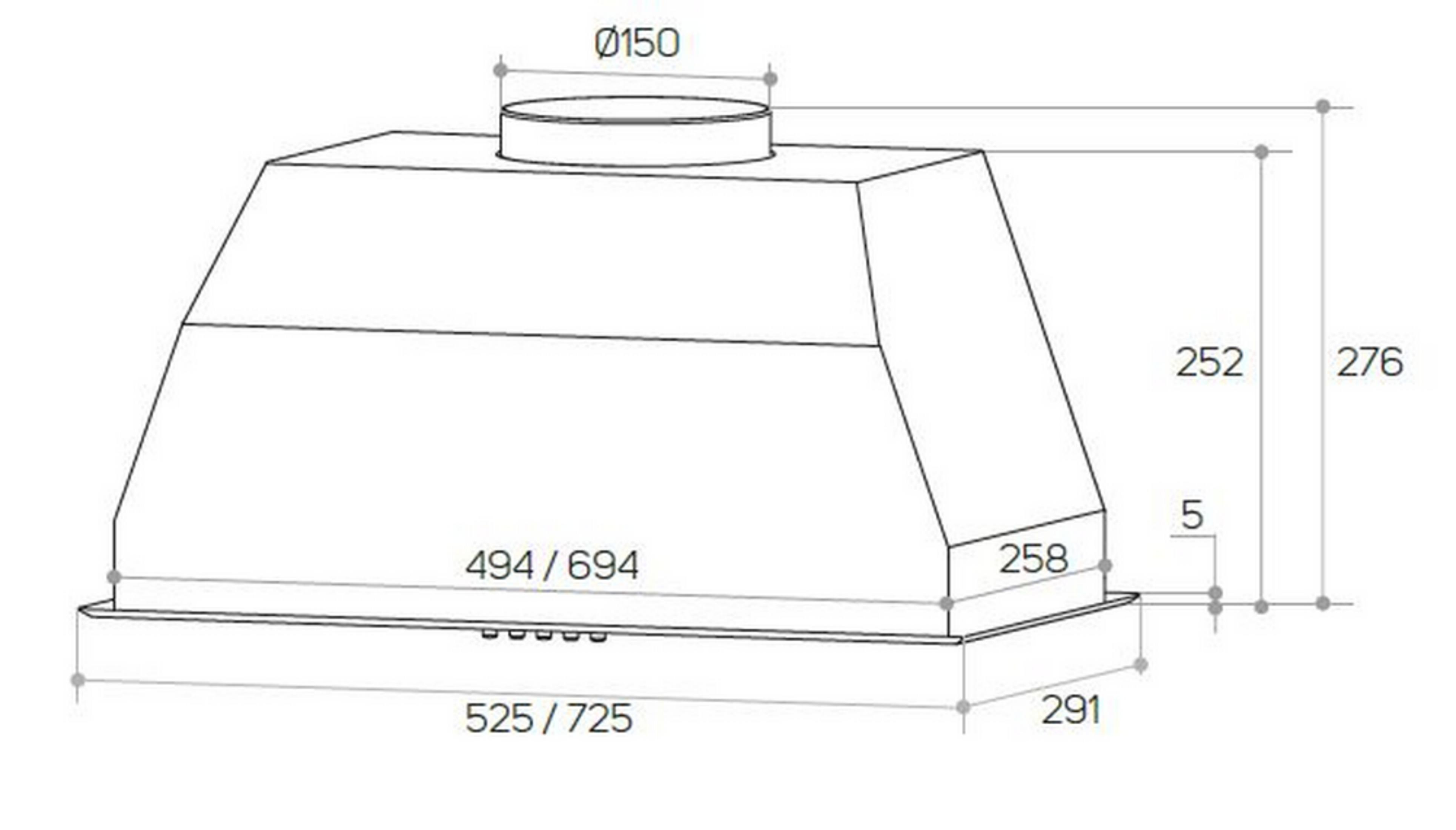 Dibujo técnico de una campana extractora con dimensiones. Incluye conducto central.