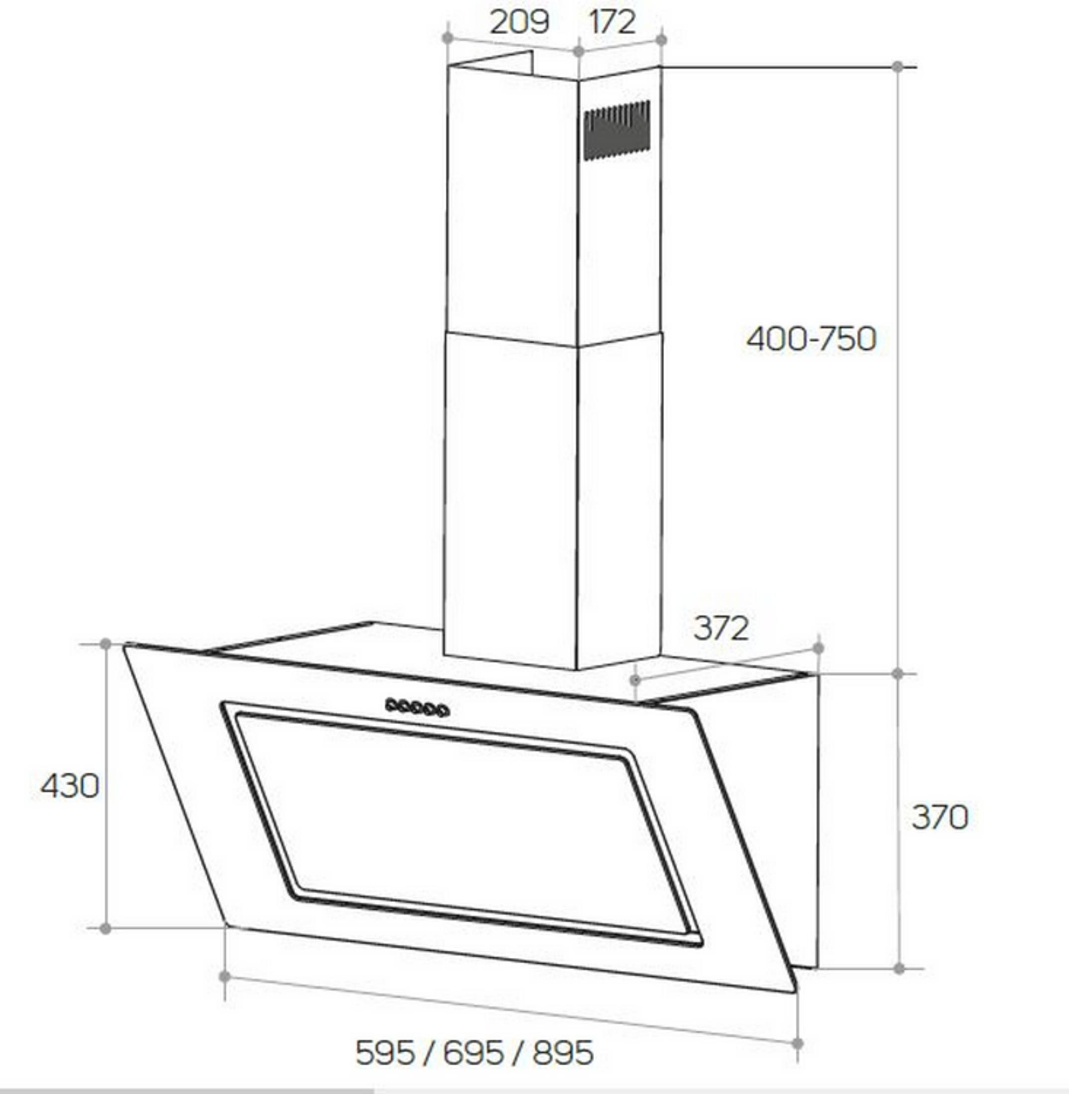 Disegno tecnico di una cappa da cucina con dimensioni.