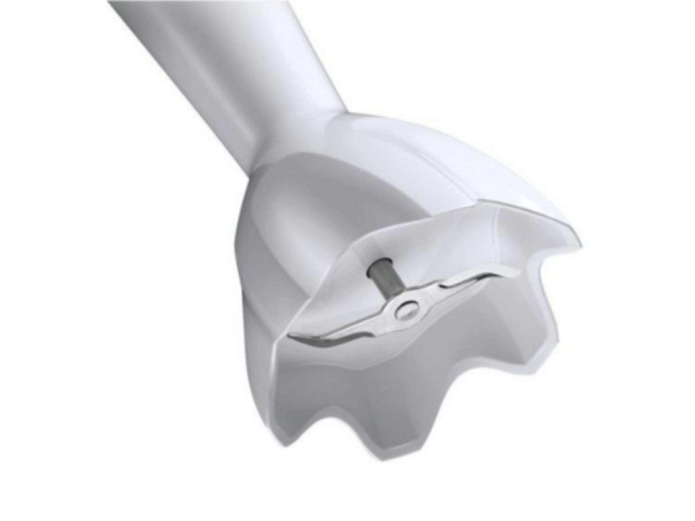 Close-up of a white immersion blender foot with metal blades.