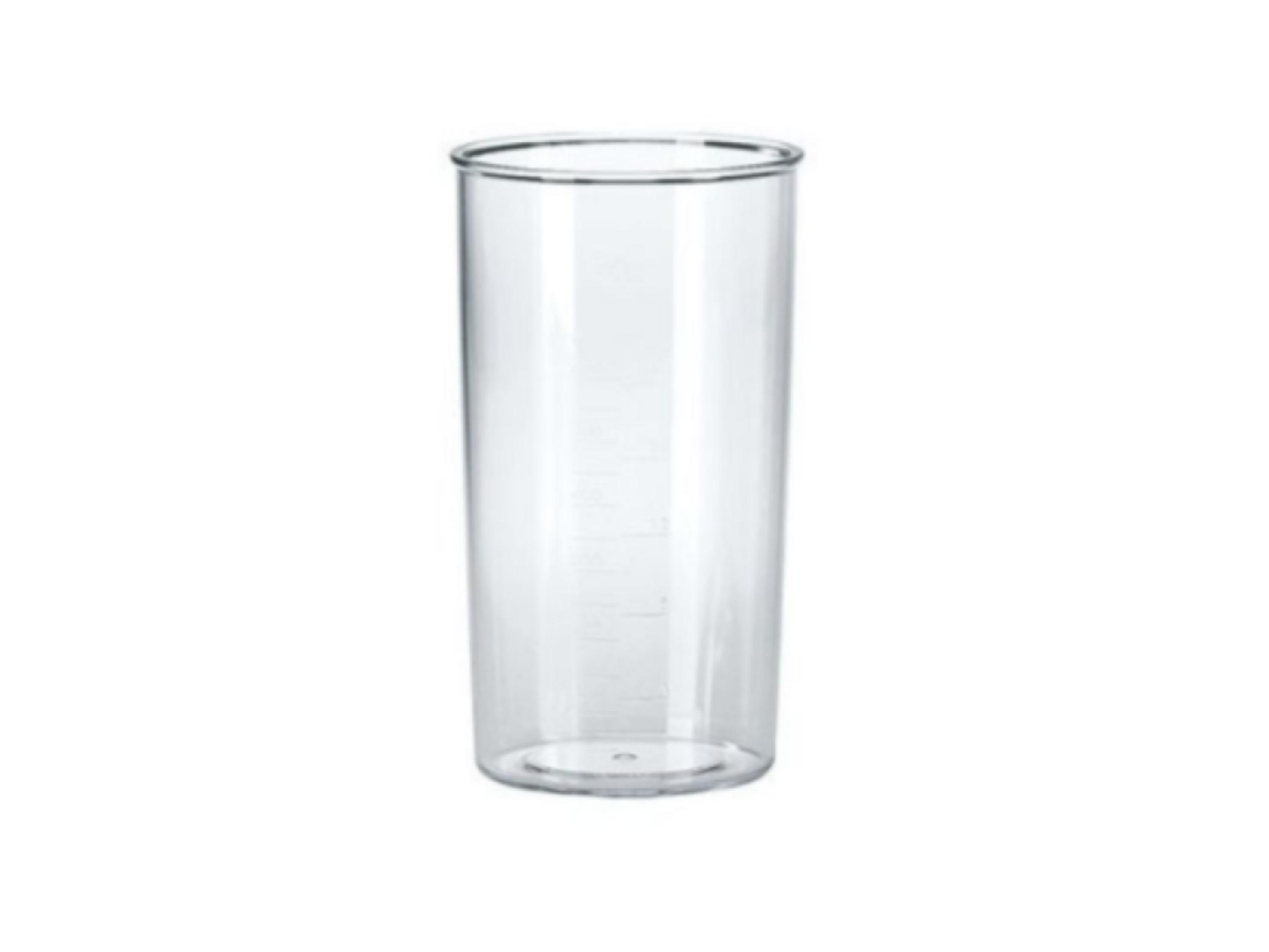 A clear cylindrical beaker with measurement markings.