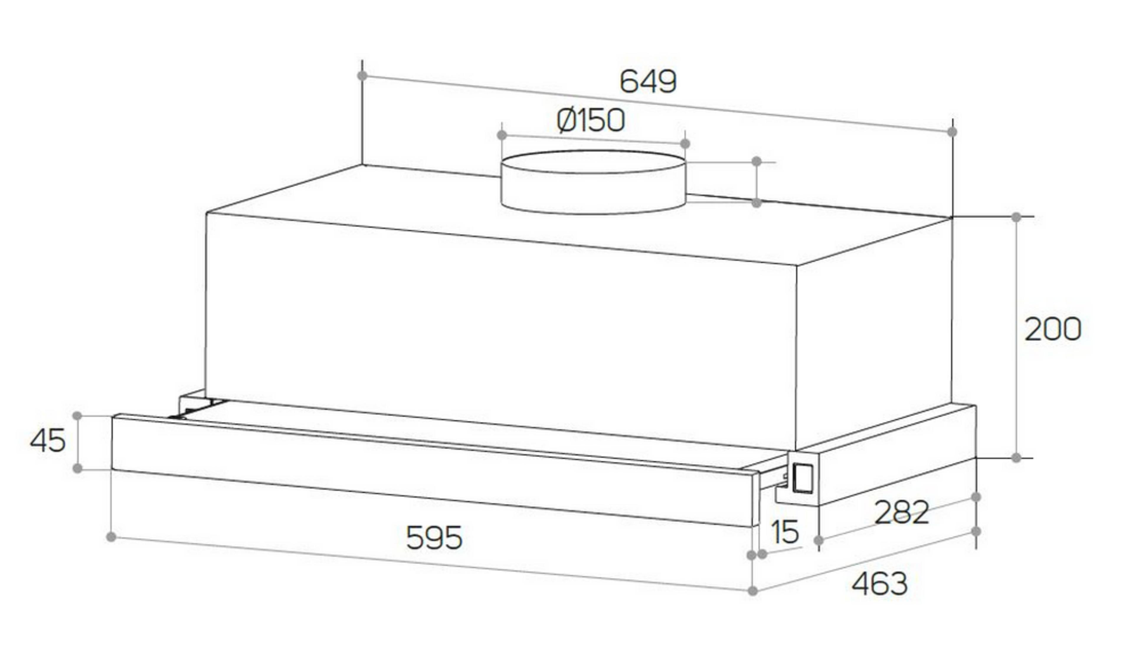 Disegno tecnico di una cappa da cucina con dimensioni.